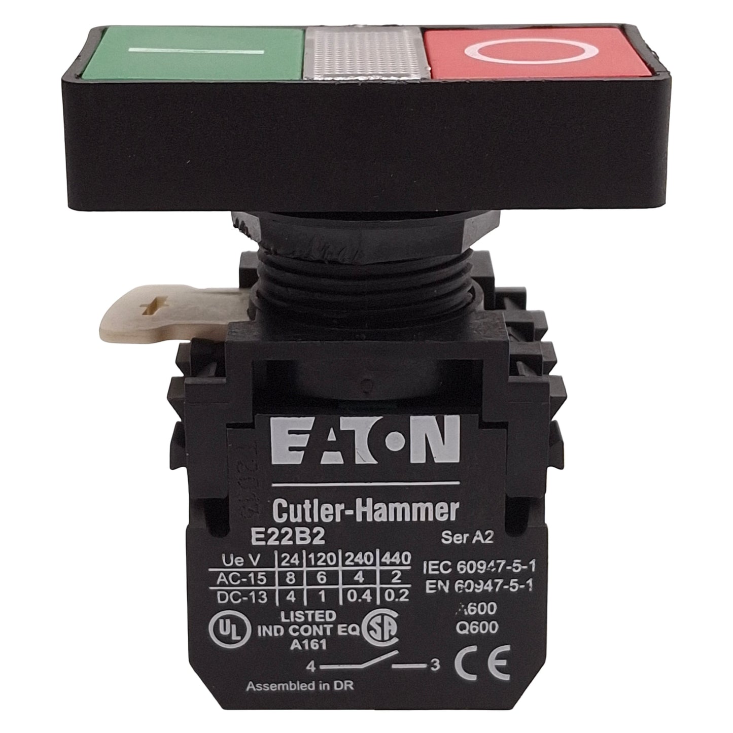 Used Eaton E22DB1B20X11C Double Headed Illuminated Pushbutton, 1NO+1NC, I/O Marking