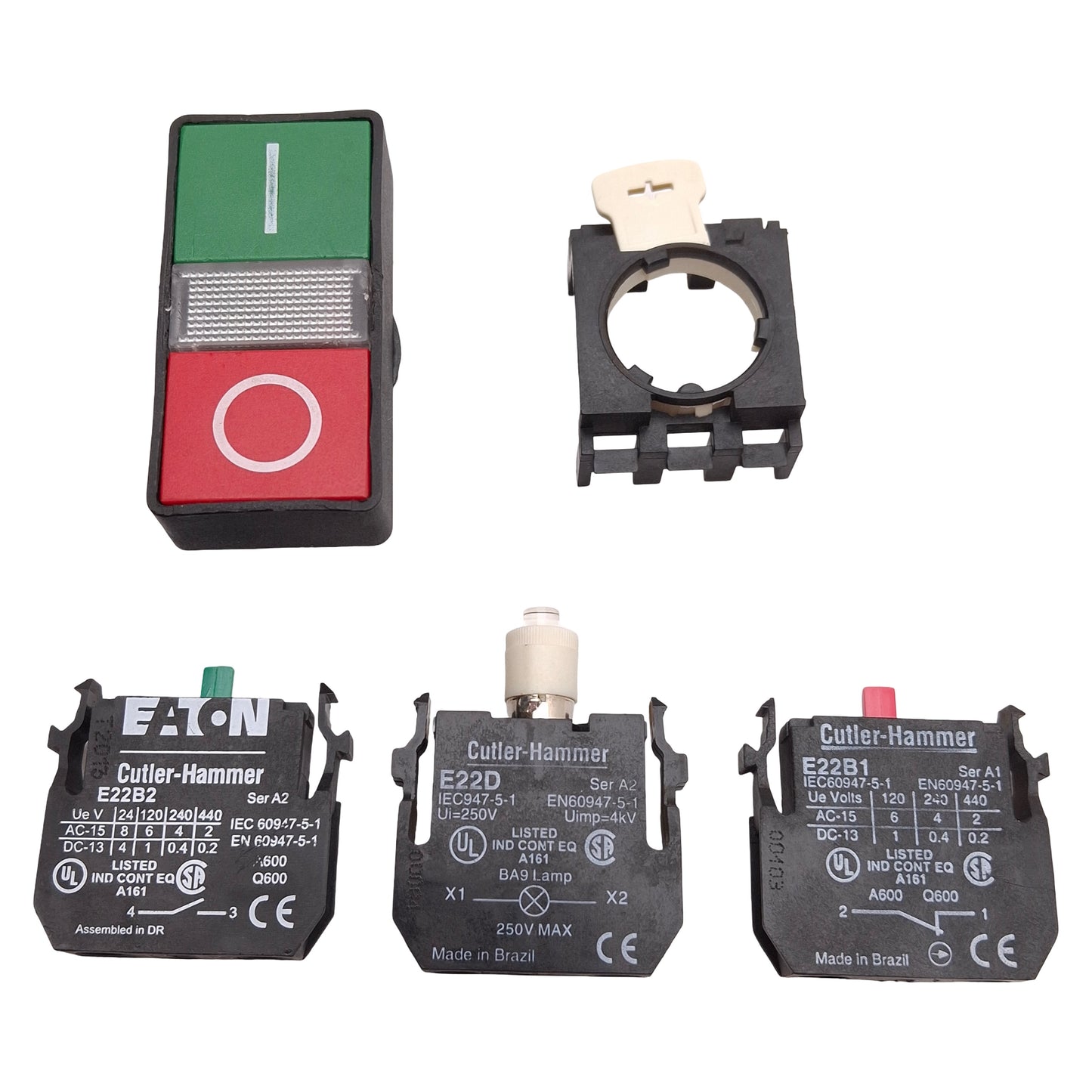 Used Eaton E22DB1B20X11C Double Headed Illuminated Pushbutton, 1NO+1NC, I/O Marking