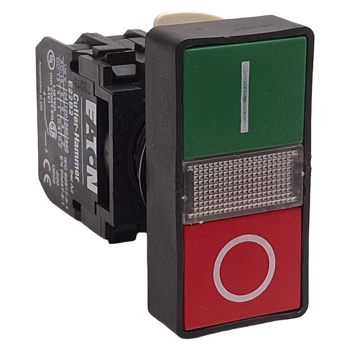 Used Eaton E22DB1B20X11C Double Headed Illuminated Pushbutton, 1NO+1NC, I/O Marking