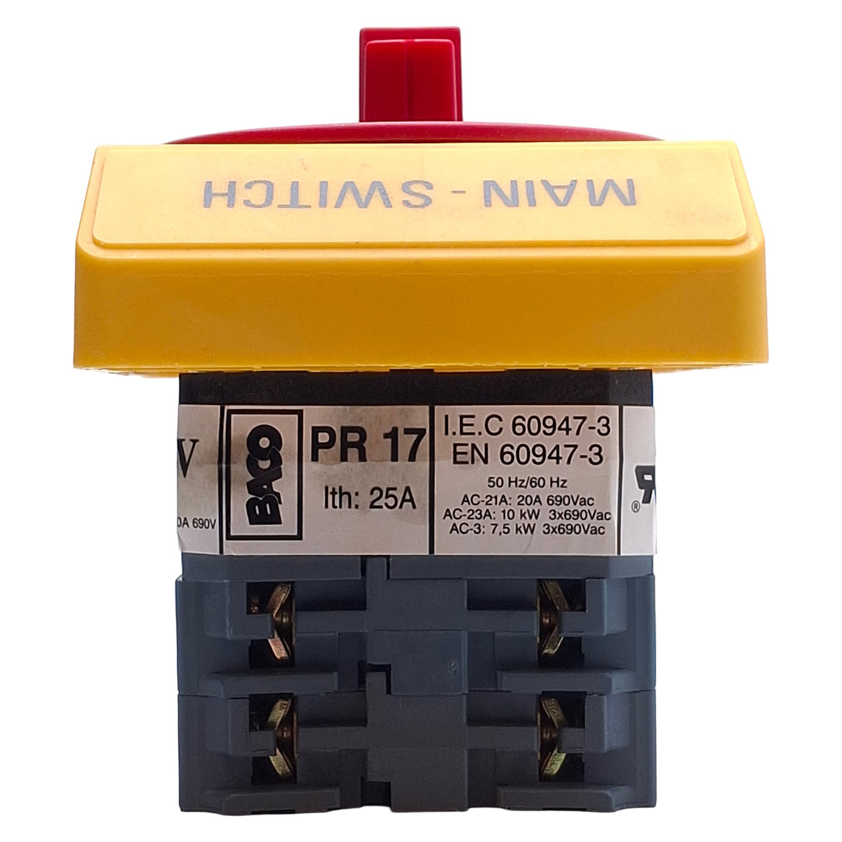 Used BACO SS3EV493-IP65 PR17 Panel Mount Main Disconnect Switch 600VAC 16A, 3-Pole