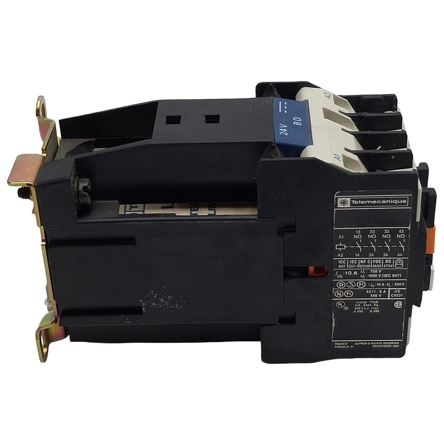 Used Telemecanique CA3-DN40BD Contactor, 4-Pole 4NO, 10A 500VAC, 24VDC Coil
