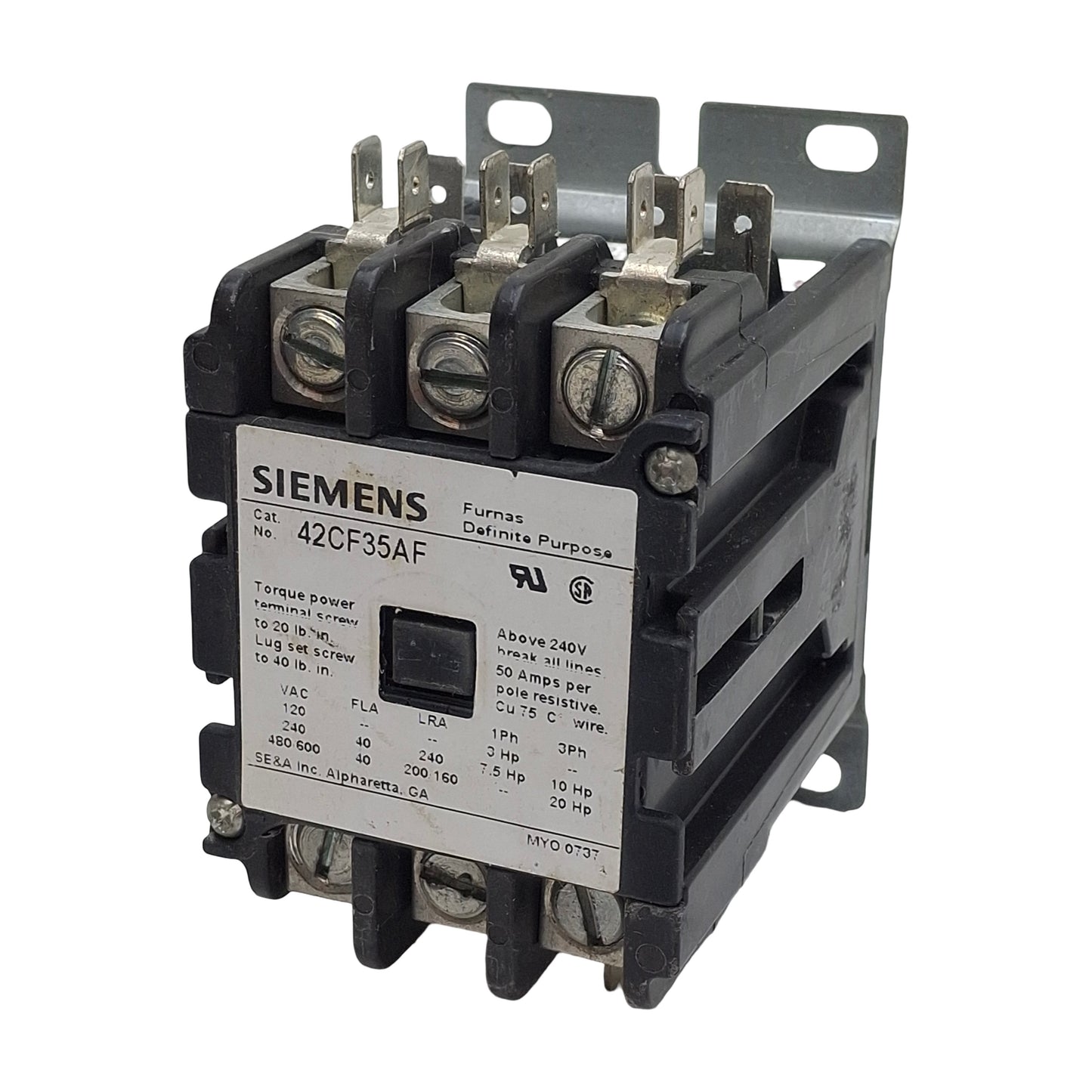 Used Siemens 42CF35AF DIN Rail Contactor, 3-Pole, 40A 600VAC, 110/120VAC Coil
