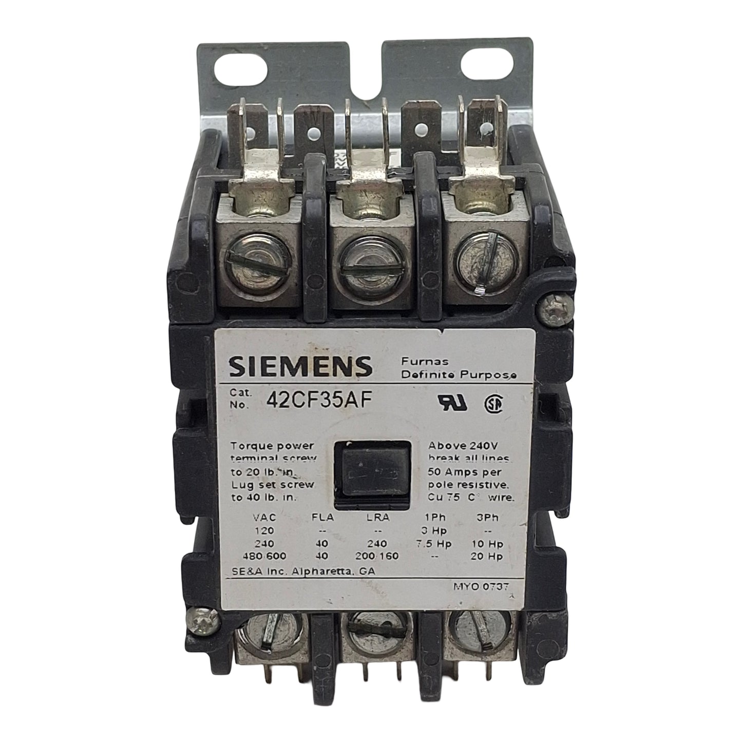 Used Siemens 42CF35AF DIN Rail Contactor, 3-Pole, 40A 600VAC, 110/120VAC Coil