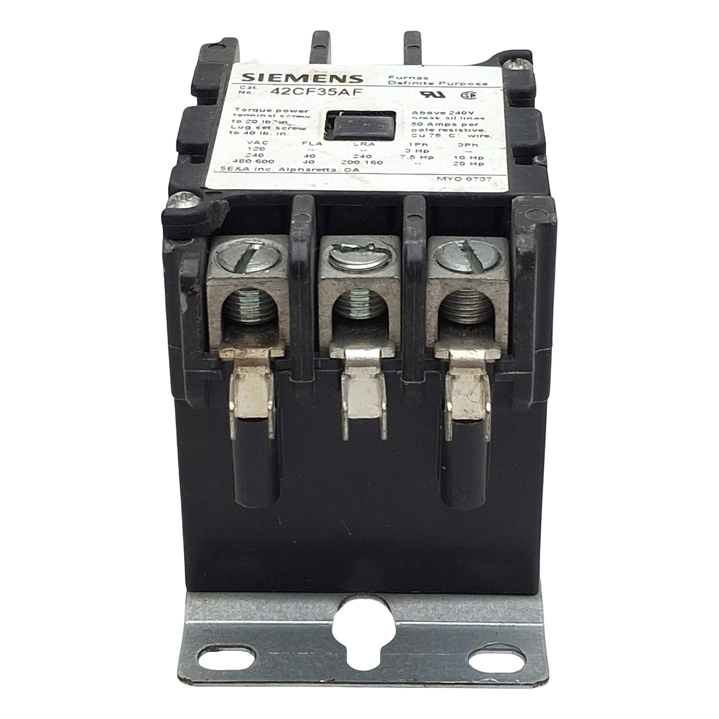 Used Siemens 42CF35AF DIN Rail Contactor, 3-Pole, 40A 600VAC, 110/120VAC Coil