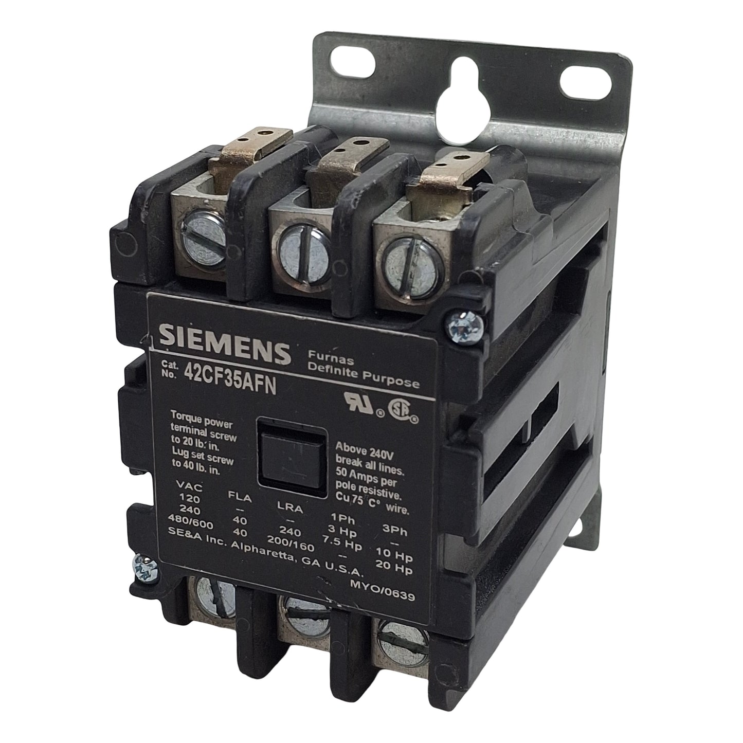 Used Siemens 42CF35AFN DIN Rail Contactor, 3-Poles, 40A 600VAC, 110/120VAC Coil