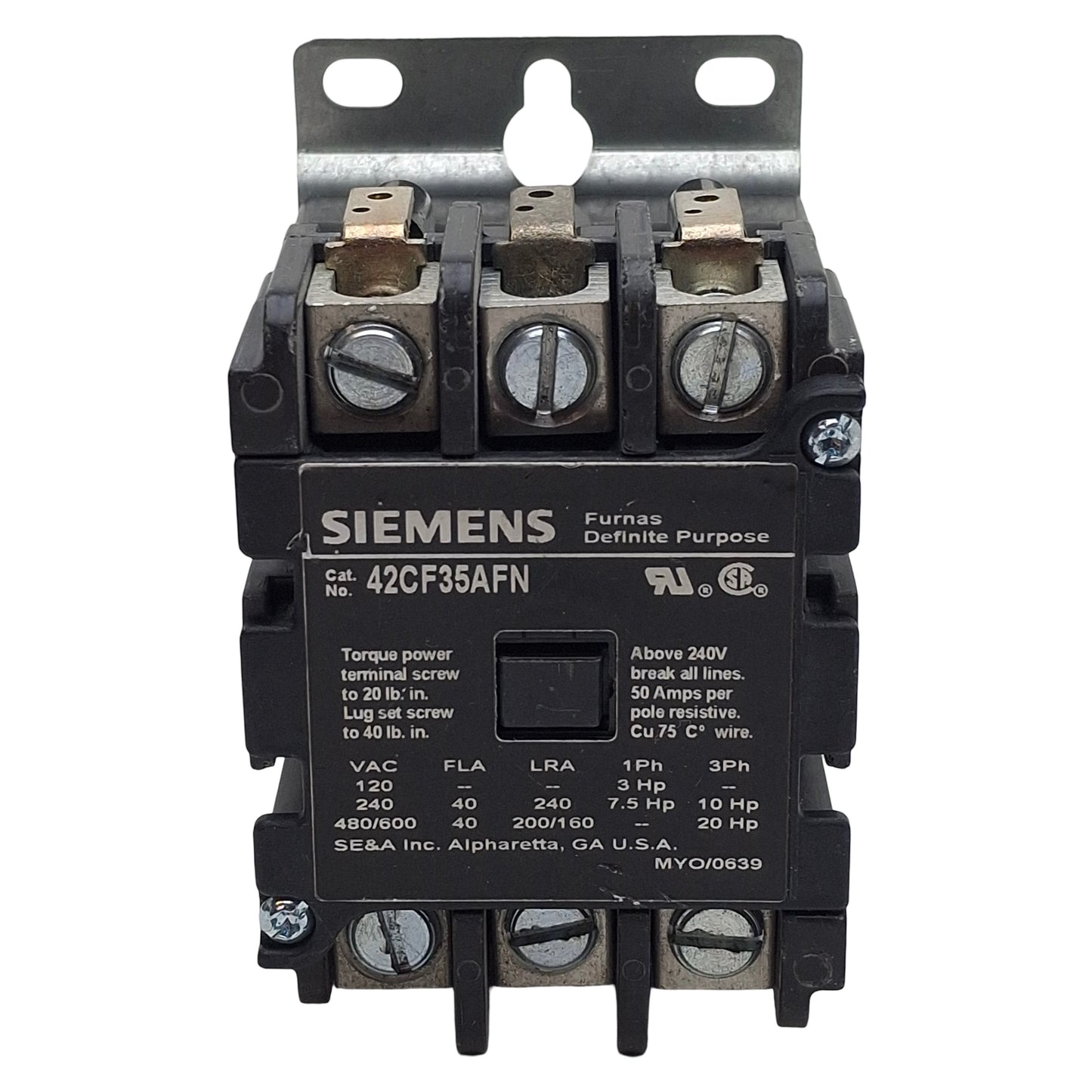 Used Siemens 42CF35AFN DIN Rail Contactor, 3-Poles, 40A 600VAC, 110/120VAC Coil