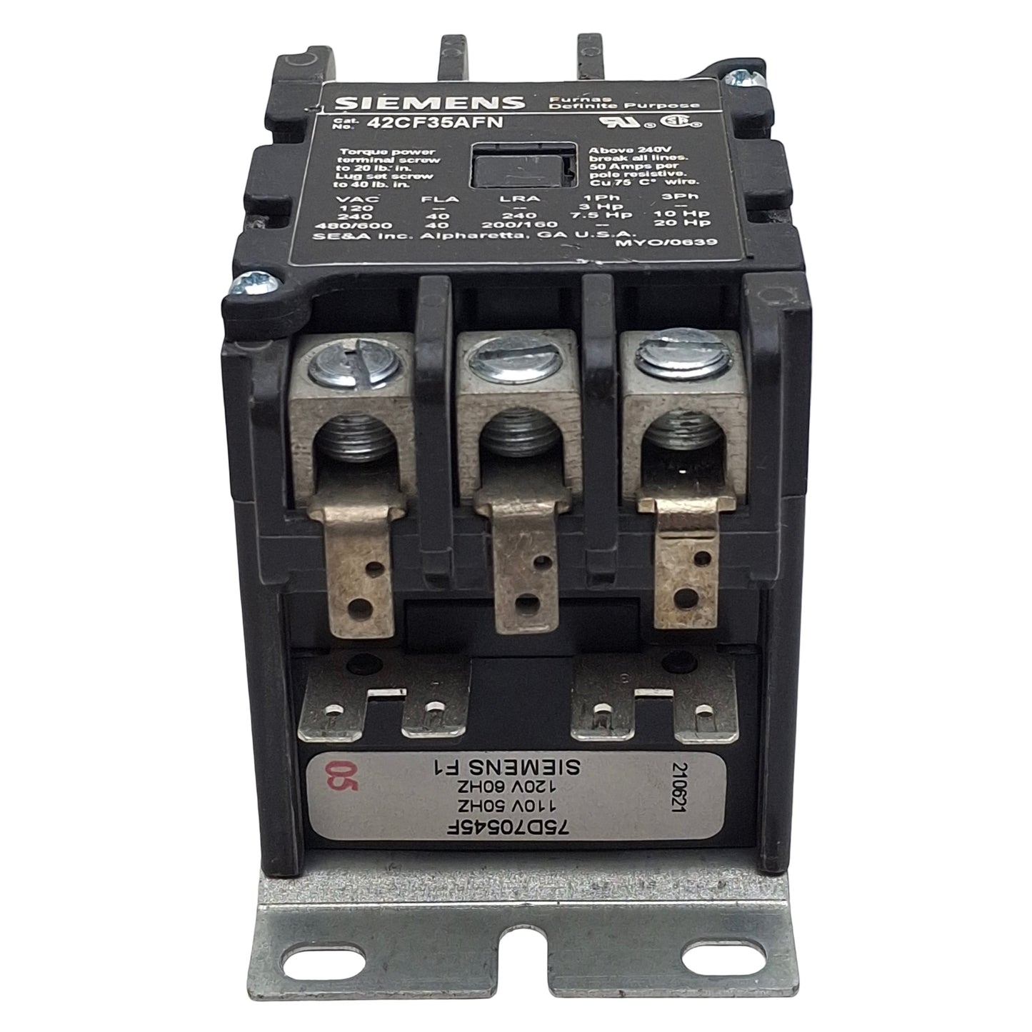 Used Siemens 42CF35AFN DIN Rail Contactor, 3-Poles, 40A 600VAC, 110/120VAC Coil