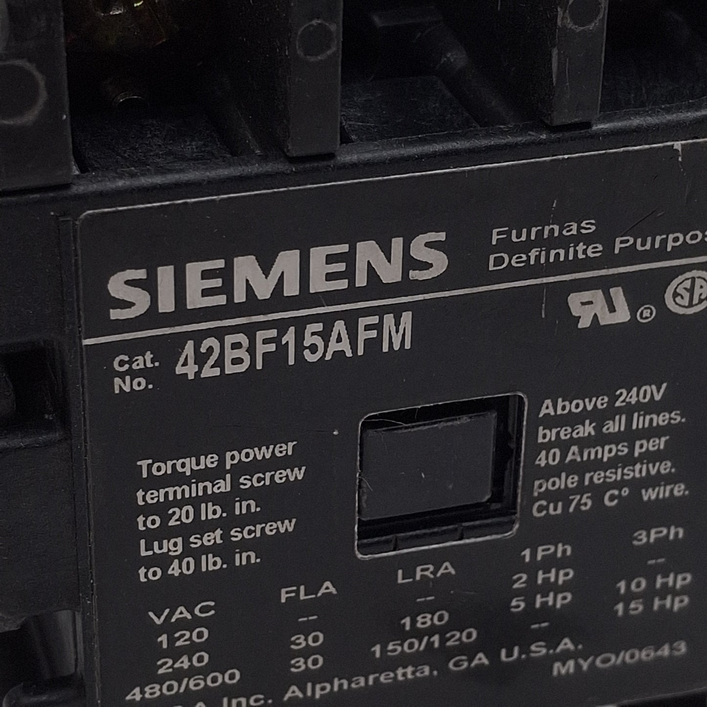 Used Siemens 42BF15AFM Contactor, 2-Poles, 30A 600VAC, 110/120VAC Coil