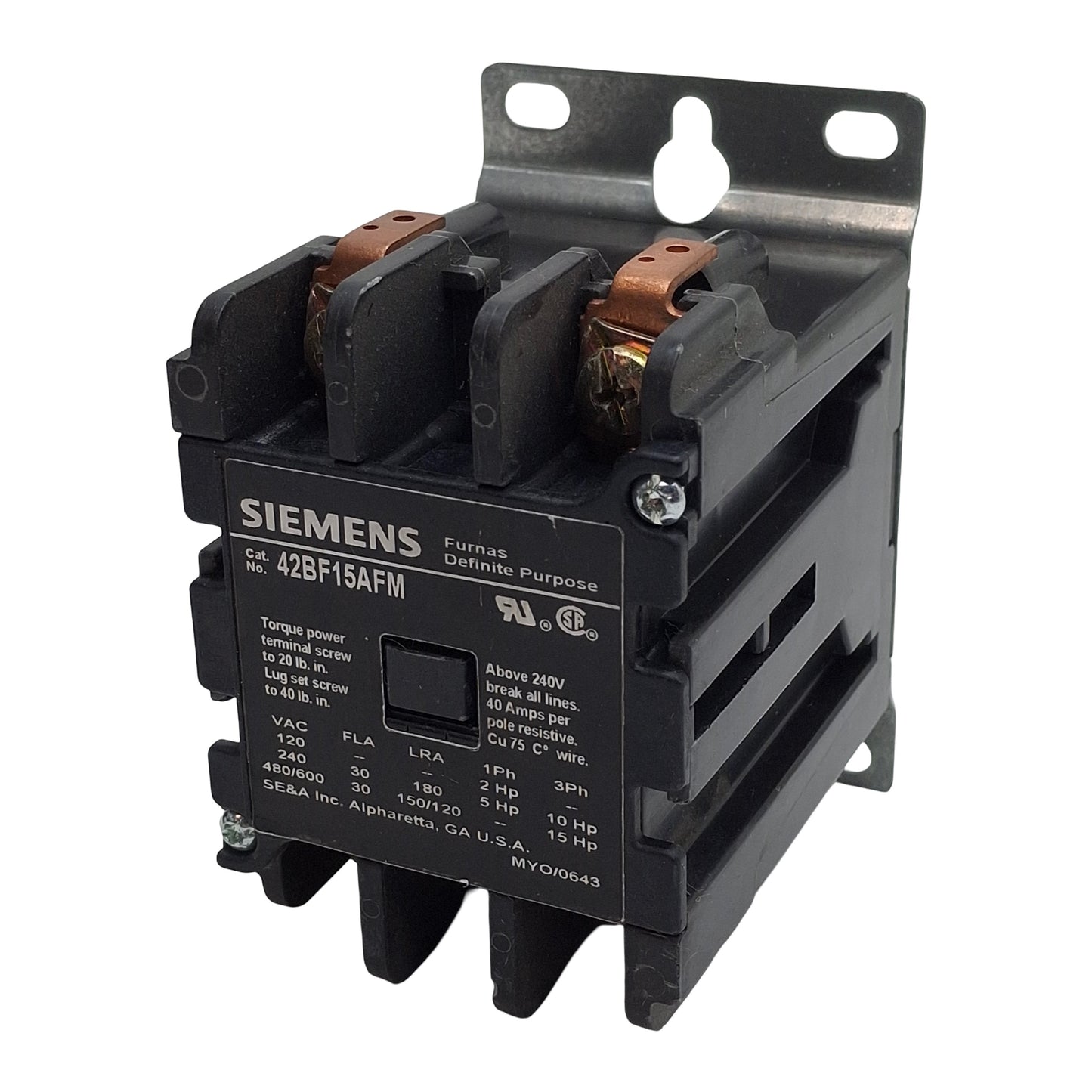 Used Siemens 42BF15AFM Contactor, 2-Poles, 30A 600VAC, 110/120VAC Coil