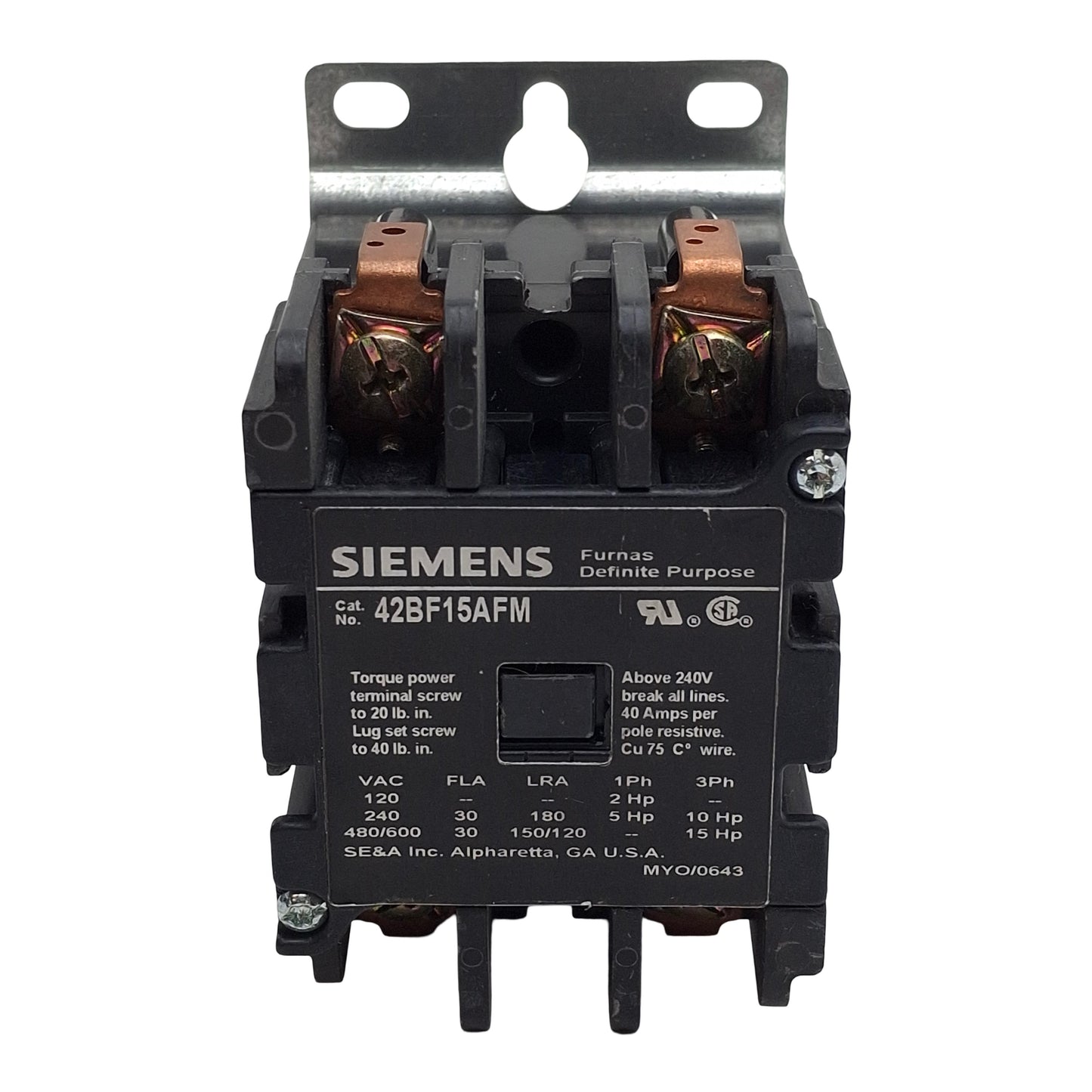 Used Siemens 42BF15AFM Contactor, 2-Poles, 30A 600VAC, 110/120VAC Coil