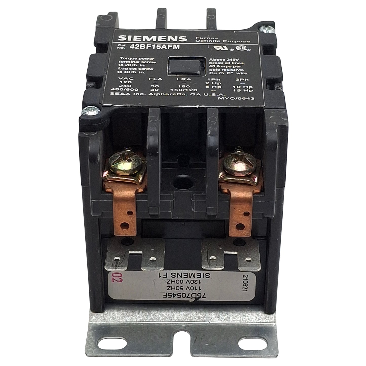 Used Siemens 42BF15AFM Contactor, 2-Poles, 30A 600VAC, 110/120VAC Coil