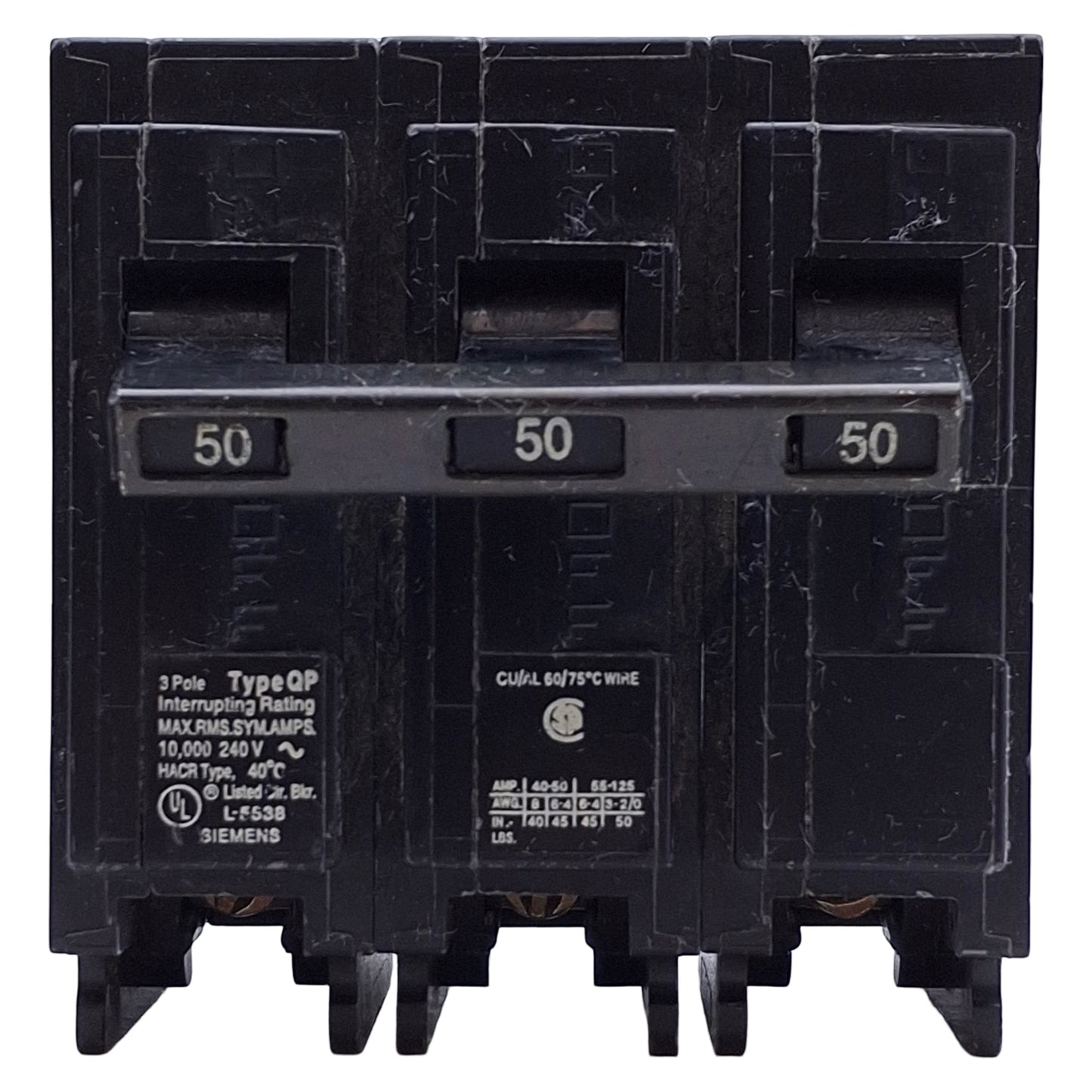 Used Siemens Q350 Circuit Breaker 3-Pole, 50A, 240VAC Max, Plug-In Connection