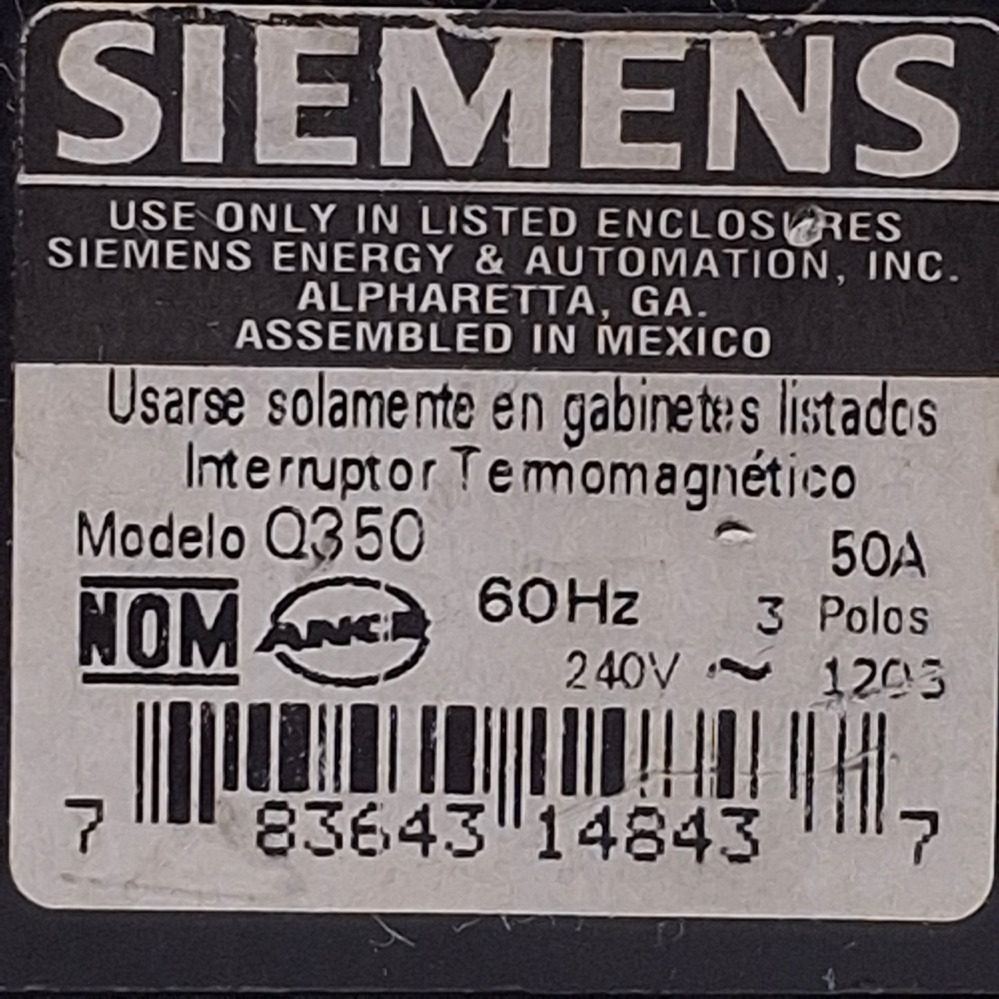 Used Siemens Q350 Circuit Breaker 3-Pole, 50A, 240VAC Max, Plug-In Connection