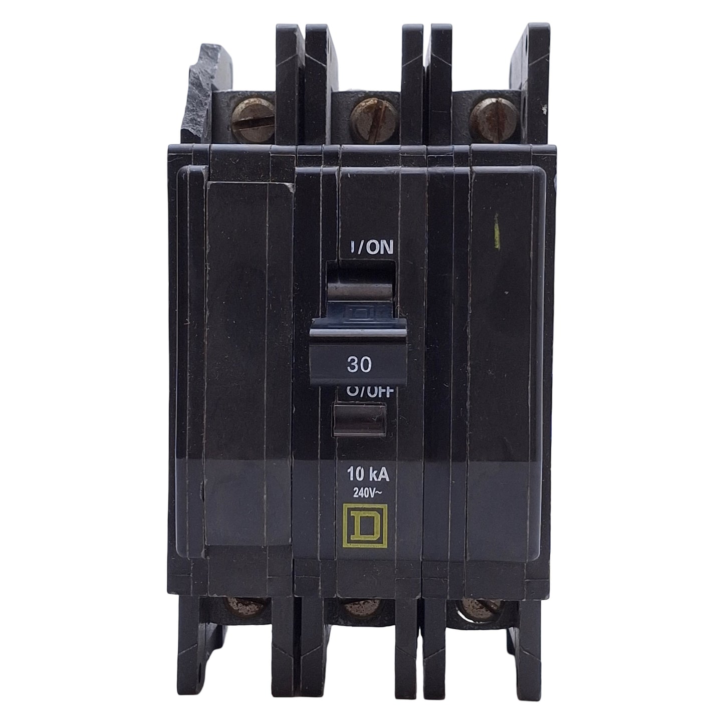 Used Schneider Electric QOU310 Miniature Circuit Breaker, 3 Pole, 240VAC 10A*Chipped*