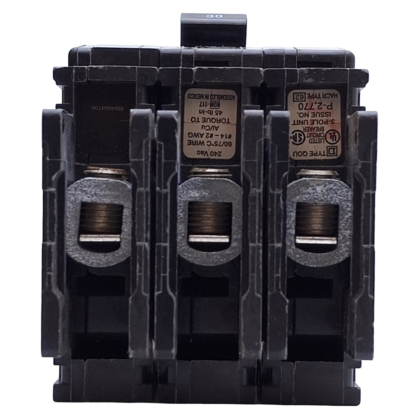 Used Schneider Electric QOU310 Miniature Circuit Breaker, 3 Pole, 240VAC 10A*Chipped*