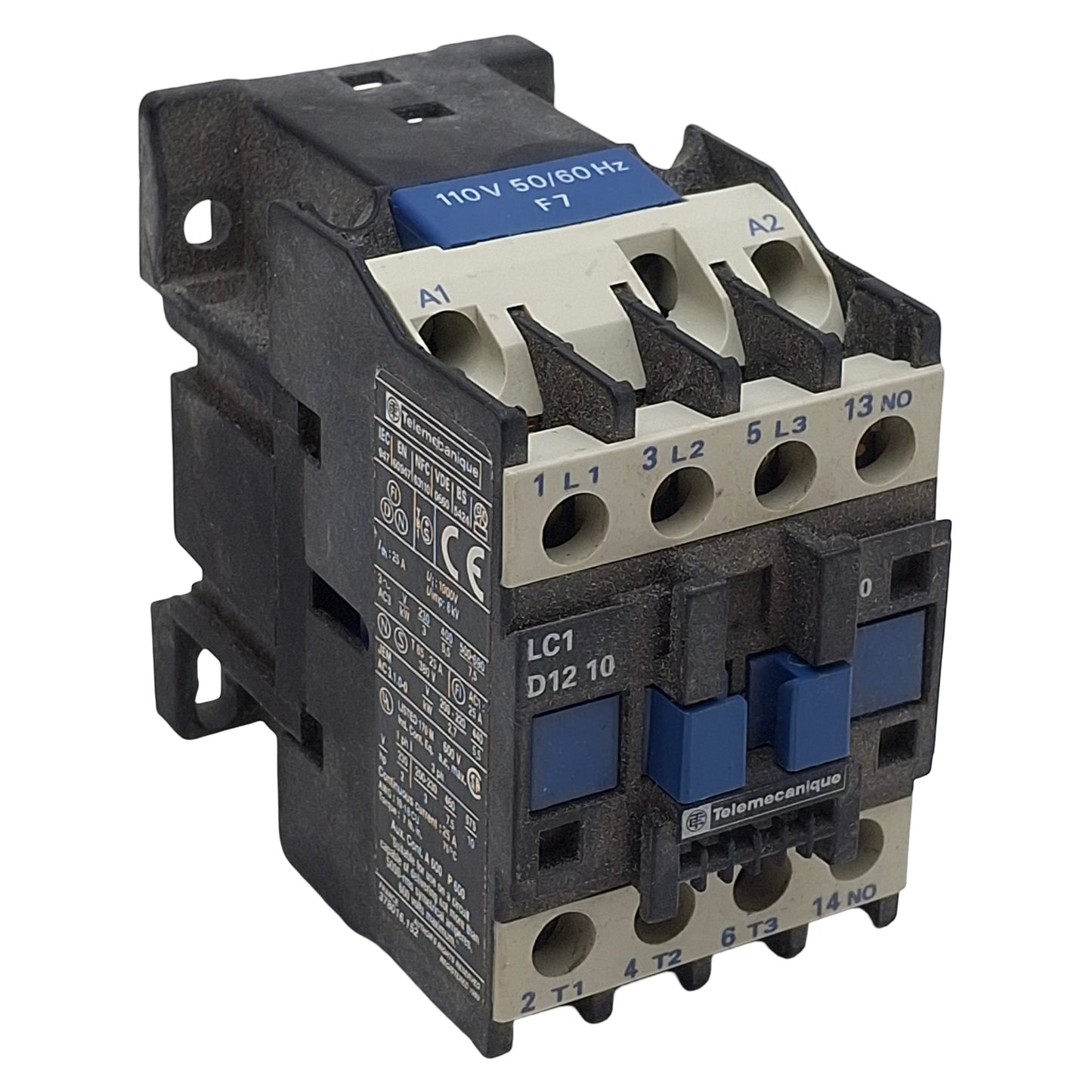 Used Telemecanique LC1D1210F7 Contactor, 3-Pole 1NO, 25A 600VAC, 110VAC Coil