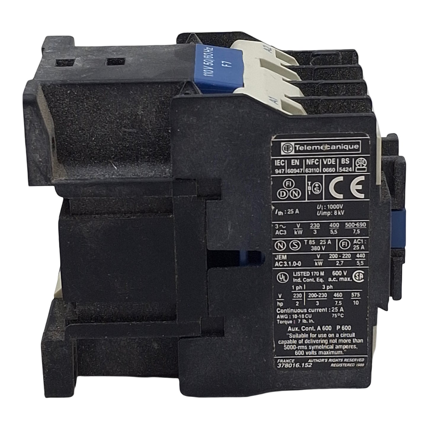Used Telemecanique LC1D1210F7 Contactor, 3-Pole 1NO, 25A 600VAC, 110VAC Coil