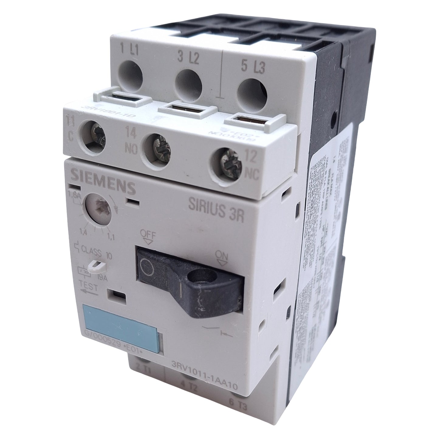 Used Siemens 3RV1011-1AA10 Motor Protection Circuit Breaker 3-Pole 1.1-1.6A, DIN Rail