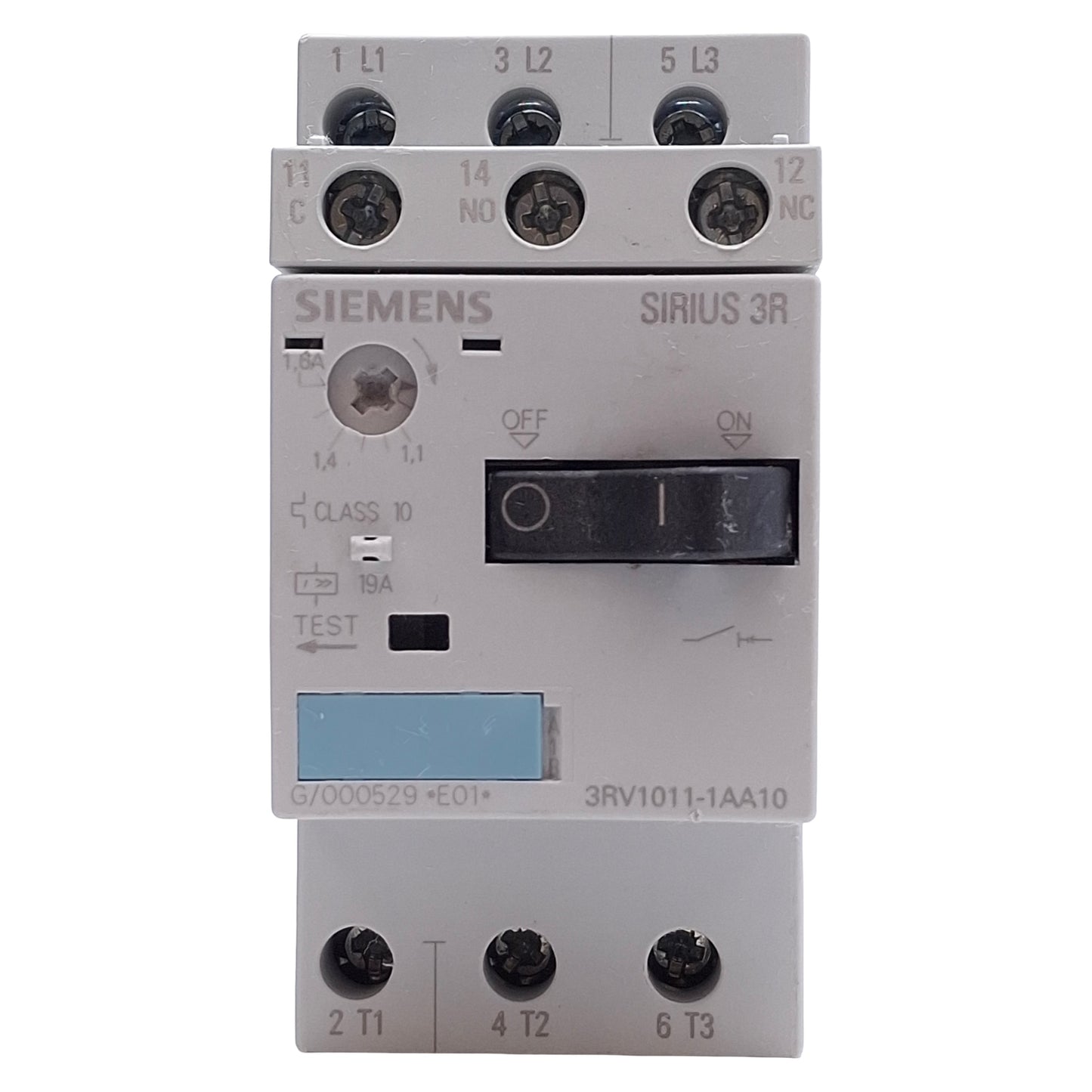 Used Siemens 3RV1011-1AA10 Motor Protection Circuit Breaker 3-Pole 1.1-1.6A, DIN Rail