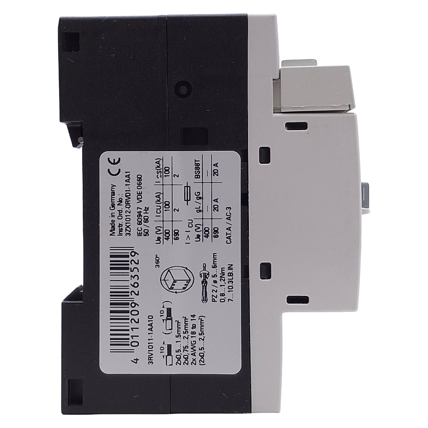 Used Siemens 3RV1011-1AA10 Motor Protection Circuit Breaker 3-Pole 1.1-1.6A, DIN Rail