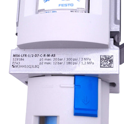 New – Open box Festo MS6-LFR-1/2-D7-C-R-M-AS Filter Regulator, 20bar Max, 12bar Set, 5μm Filter