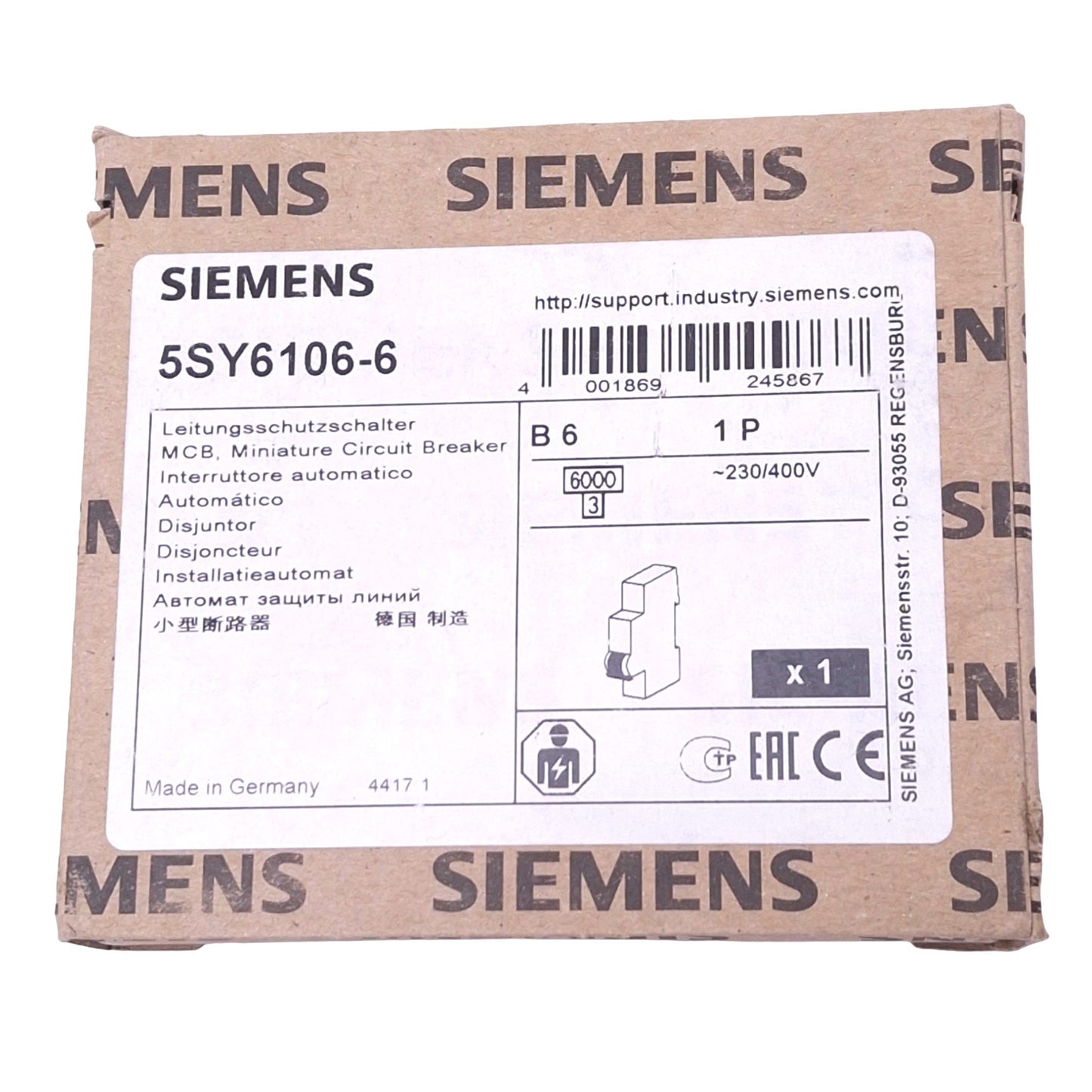 New Siemens 5SY6106-6 Circuit Breaker, 1-Pole 6A, 230/400VAC Max, DIN Rail