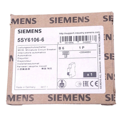 New Siemens 5SY6106-6 Circuit Breaker, 1-Pole 6A, 230/400VAC Max, DIN Rail