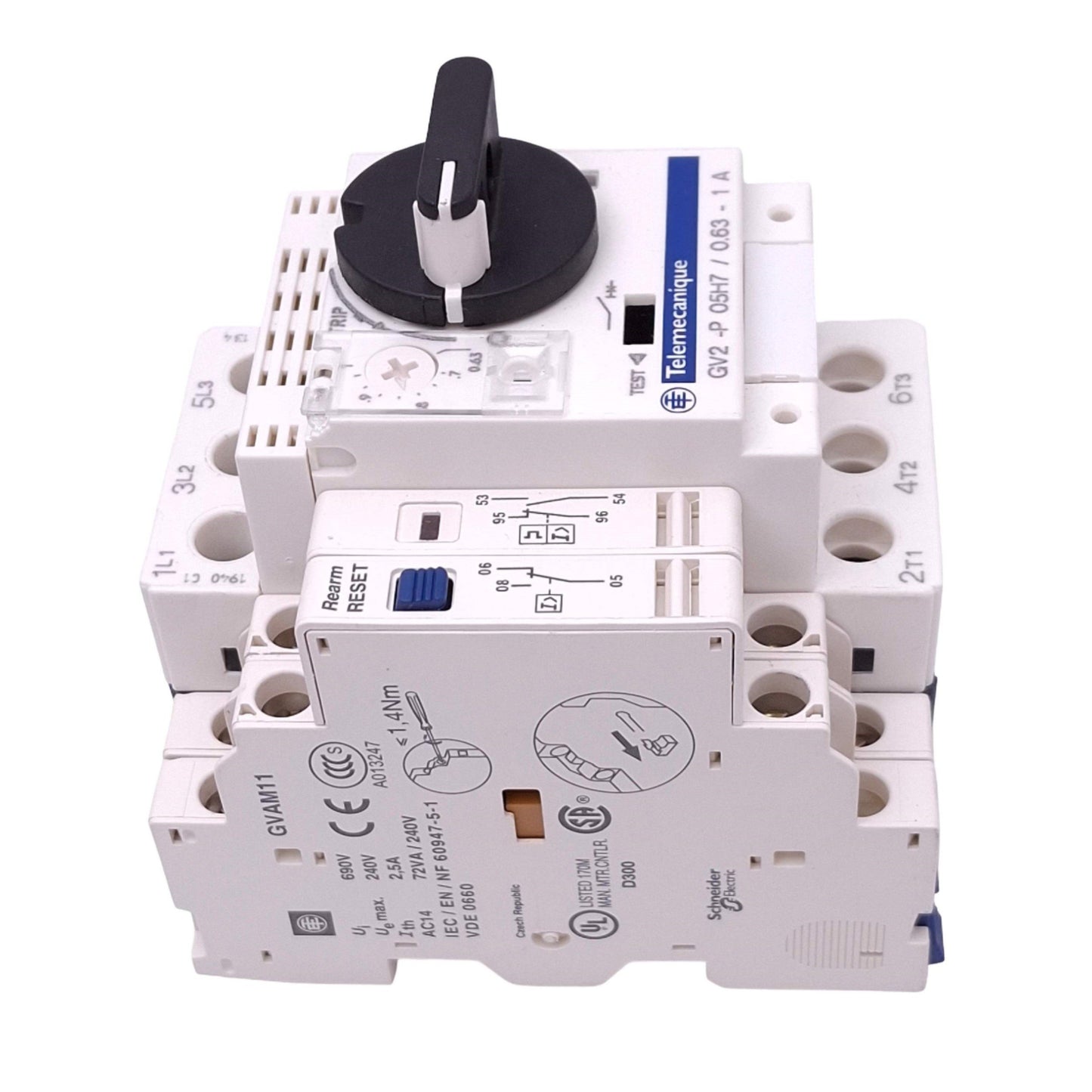 New – Open box Telemecanique GV2-P05H7 Motor Circuit Breaker, 3-Pole + 3, 0.63-1A, 0.25kW Max