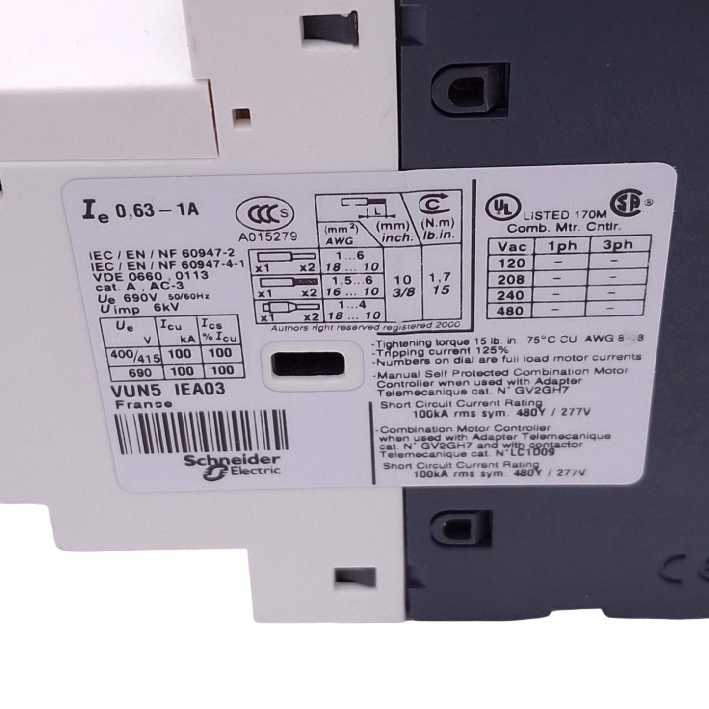 New – Open box Telemecanique GV2-P05H7 Motor Circuit Breaker, 3-Pole + 3, 0.63-1A, 0.25kW Max