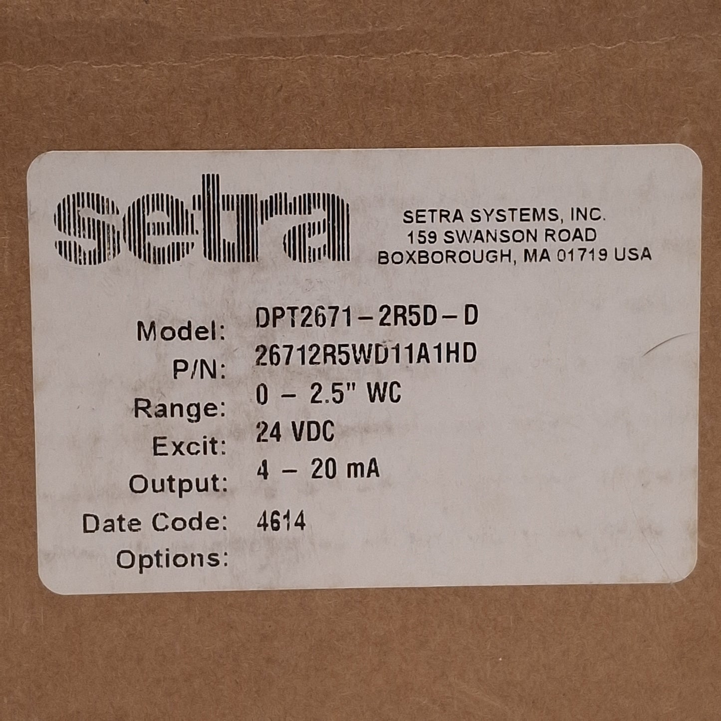 New Setra DPT2671-2R5D-D Differential Pressure Transducer, 0-2.5in WC, 4-20mA, 24VDC