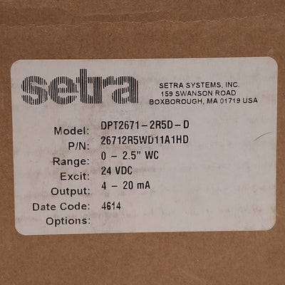 New Setra DPT2671-2R5D-D Differential Pressure Transducer, 0-2.5in WC, 4-20mA, 24VDC