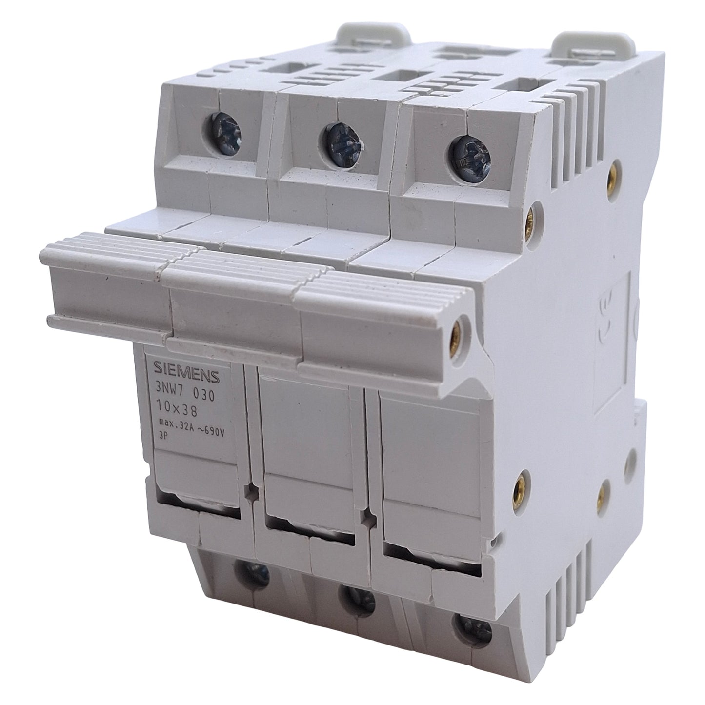Used Siemens 3NW7 030 Fuse Holder, 3-Pole, 10x38 Fuse Size, 690VAC 32A Max, DIN Rail