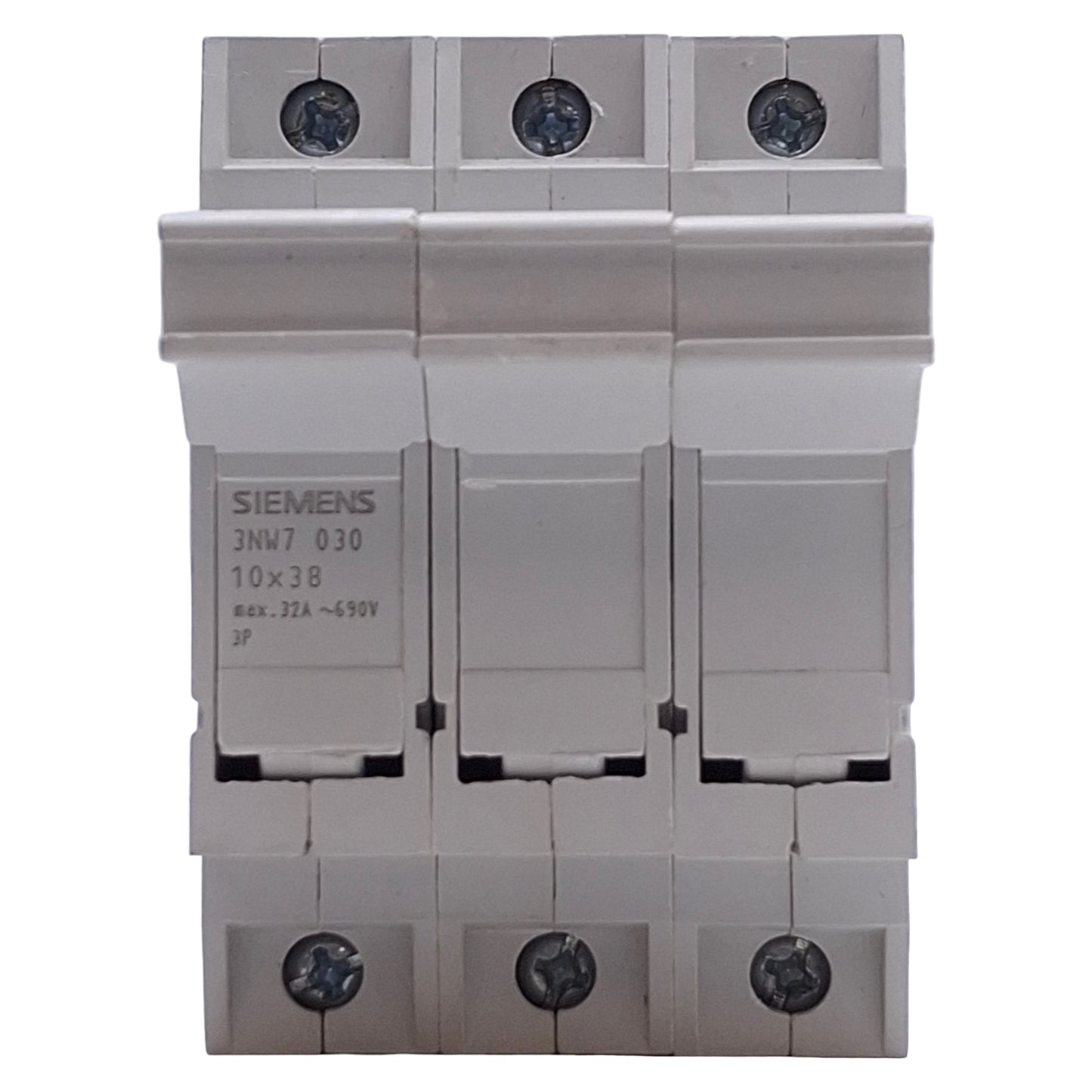 Used Siemens 3NW7 030 Fuse Holder, 3-Pole, 10x38 Fuse Size, 690VAC 32A Max, DIN Rail