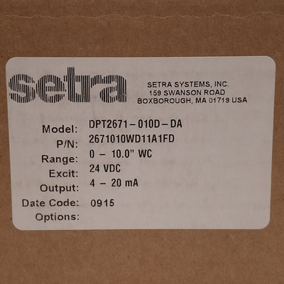 New Setra DPT2671-010D-DA Differential Pressure Transducer, 0-10in WC, 4-20mA, 24VDC
