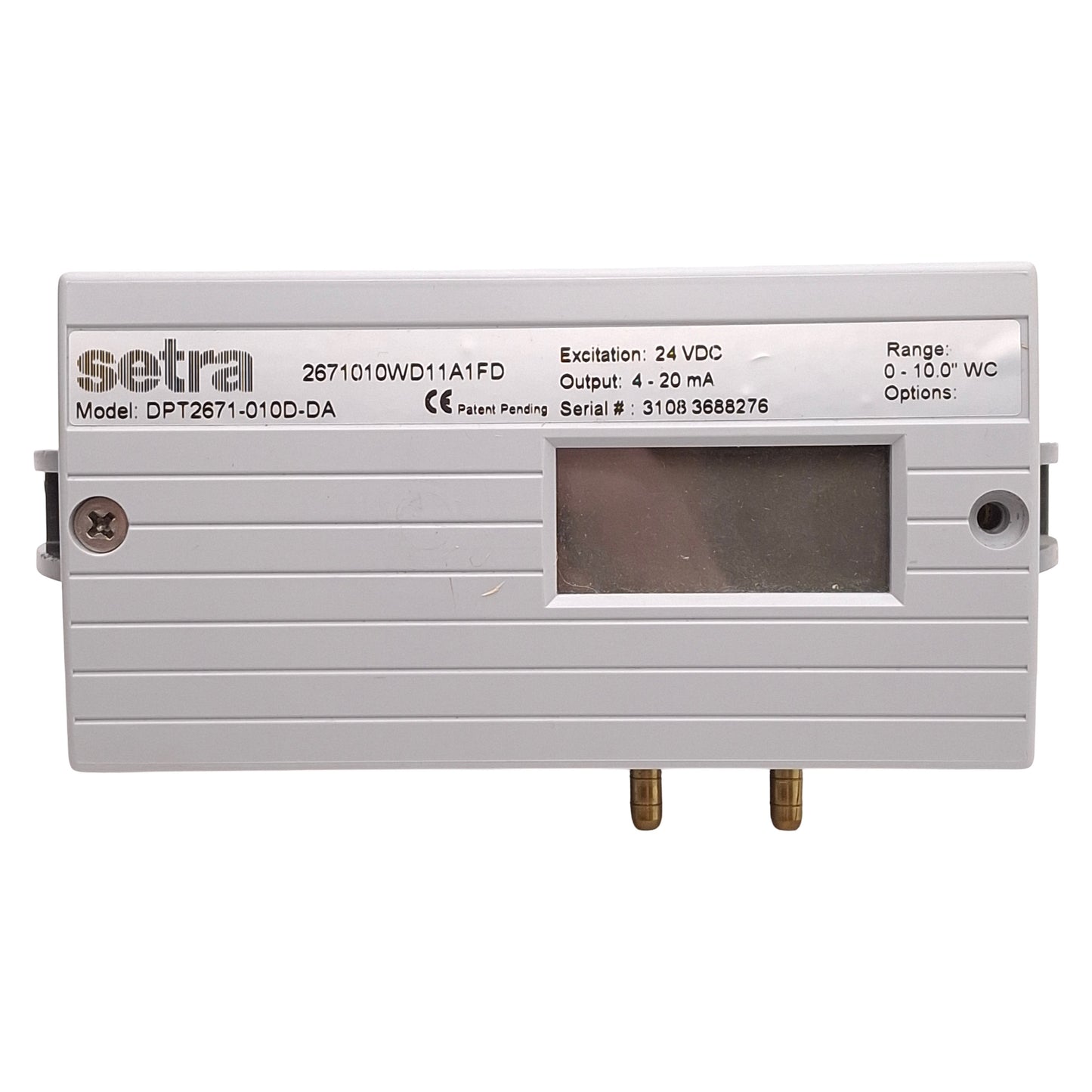 Used Setra DPT2671-010D-DA Differential Pressure Transducer, 4-20mA, 0-10in WC, 24VDC