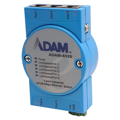Used Advantech ADAM-6520 Unmanaged Ethernet Switch, 5-Port, RJ-45, 10-30VDC, DIN Rail