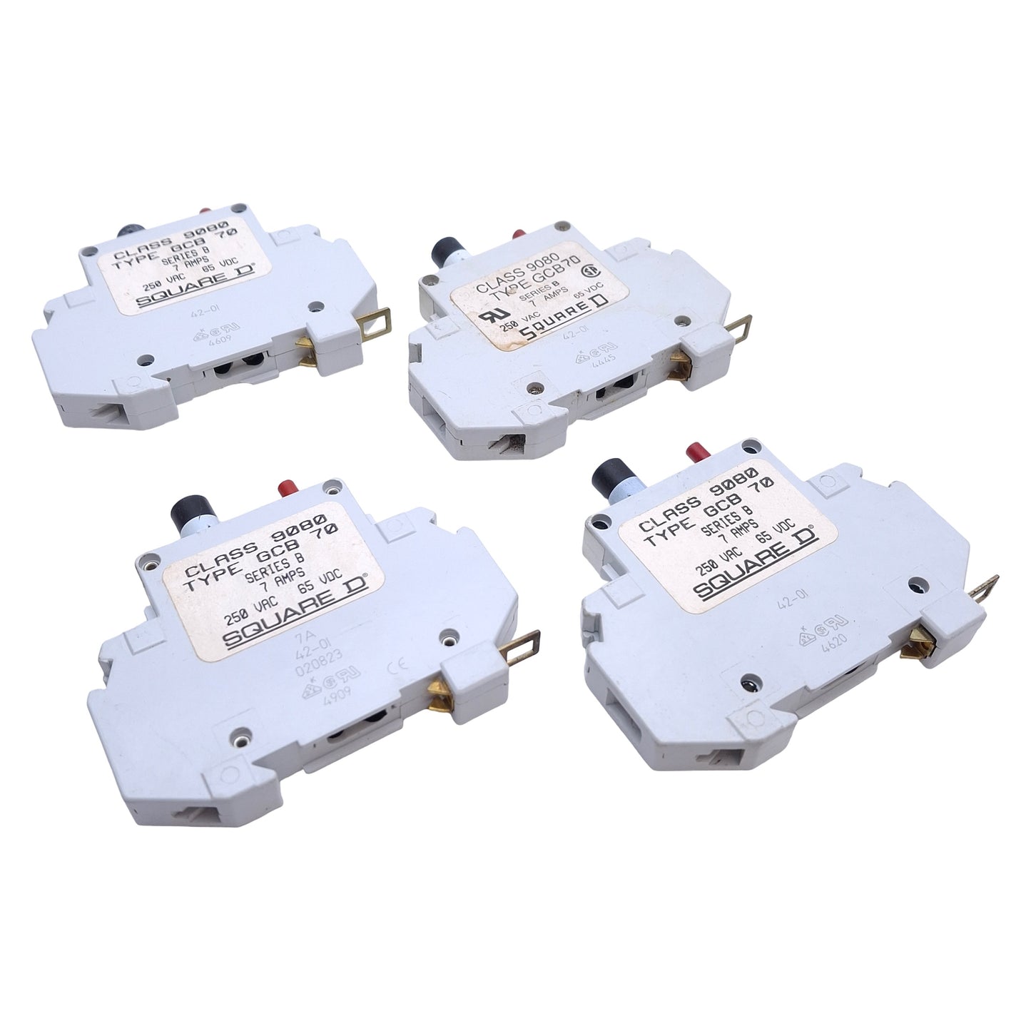 Used Lot of 4 Square D 9080GCB70 Circuit Breaker 1-Pole, 7A 250VAC/65VDC, DIN Rail