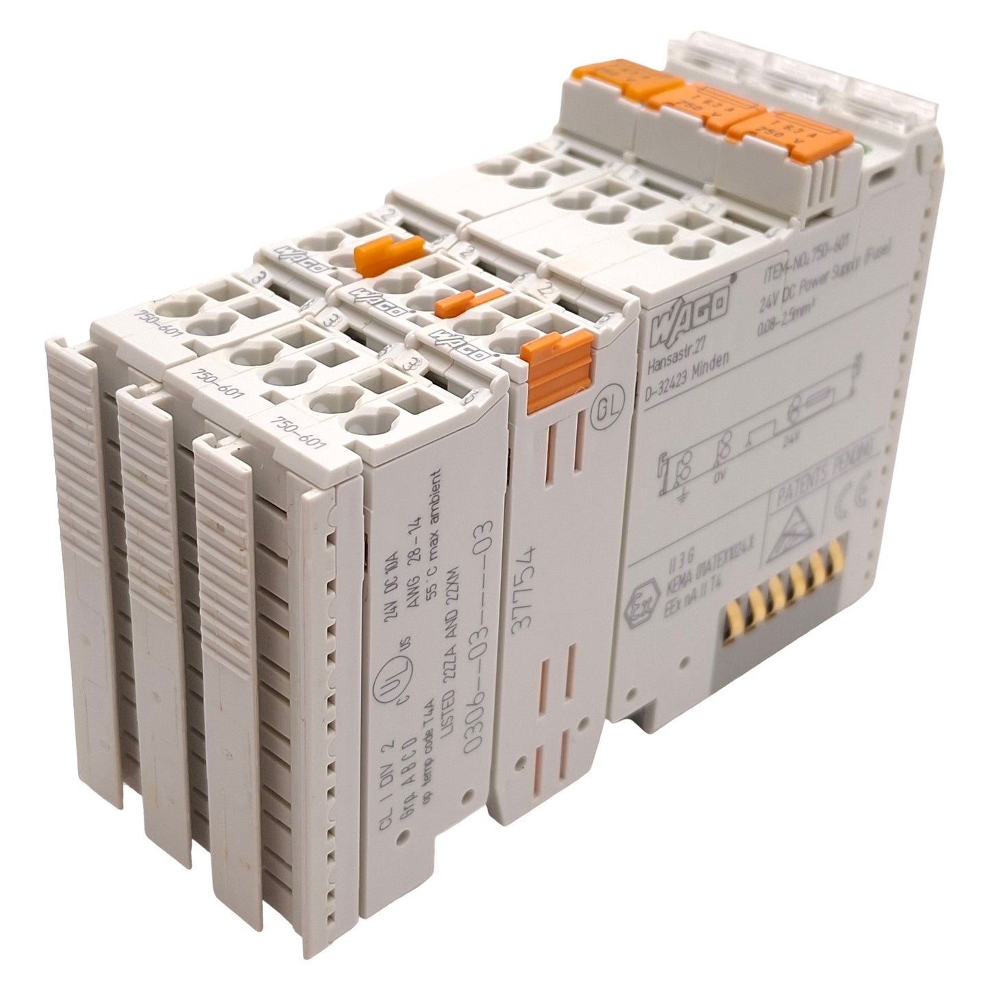 Used Lot of 3 Wago 750-601 PLC Power Supply Module, 5x20 Fuse Holder, 24VDC, DIN Rail