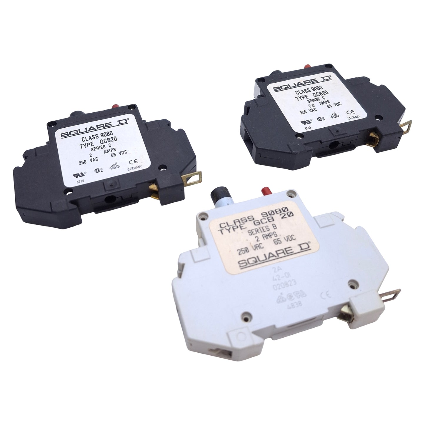 Used Lot of 3 Square D 9080GCB20 Circuit Breaker 1-Pole, 2A 250VAC/65VDC, DIN Rail