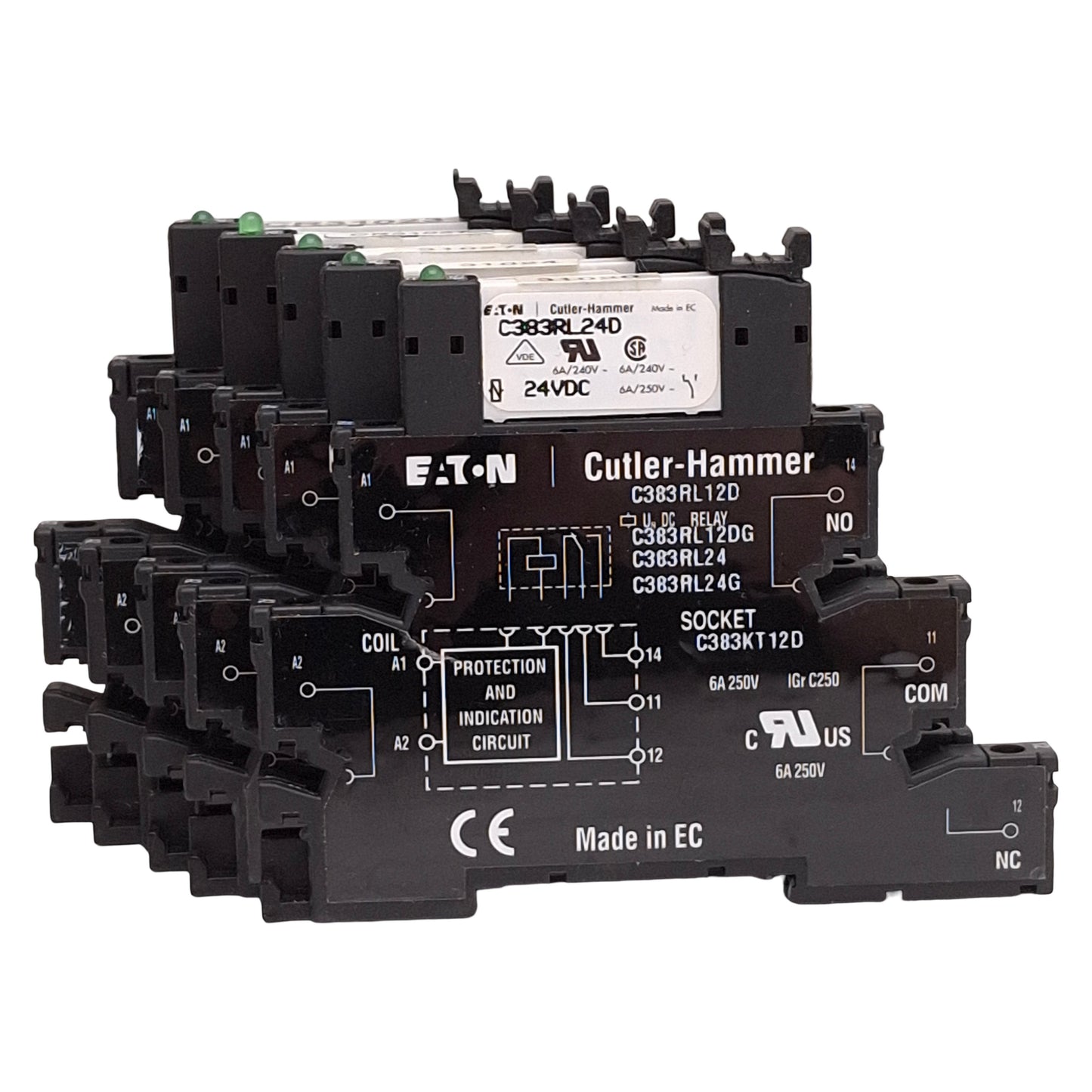 Used Lot of 5 Eaton C383KT12D / C383RL24D Socket & Relay, 6A 250VAC, 24VDC Coil