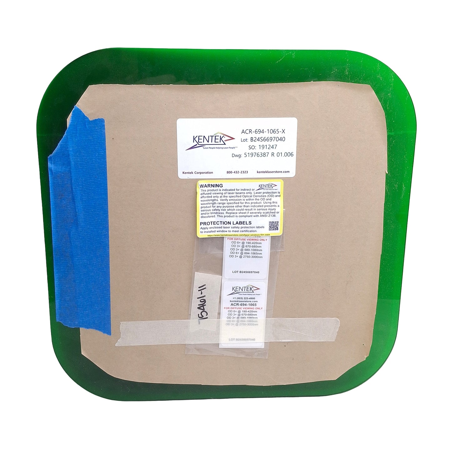 Used Kentek ACR-694-1065-X Laser Safety Window, 12.5in x 12.5in Rounded Square, VLT24