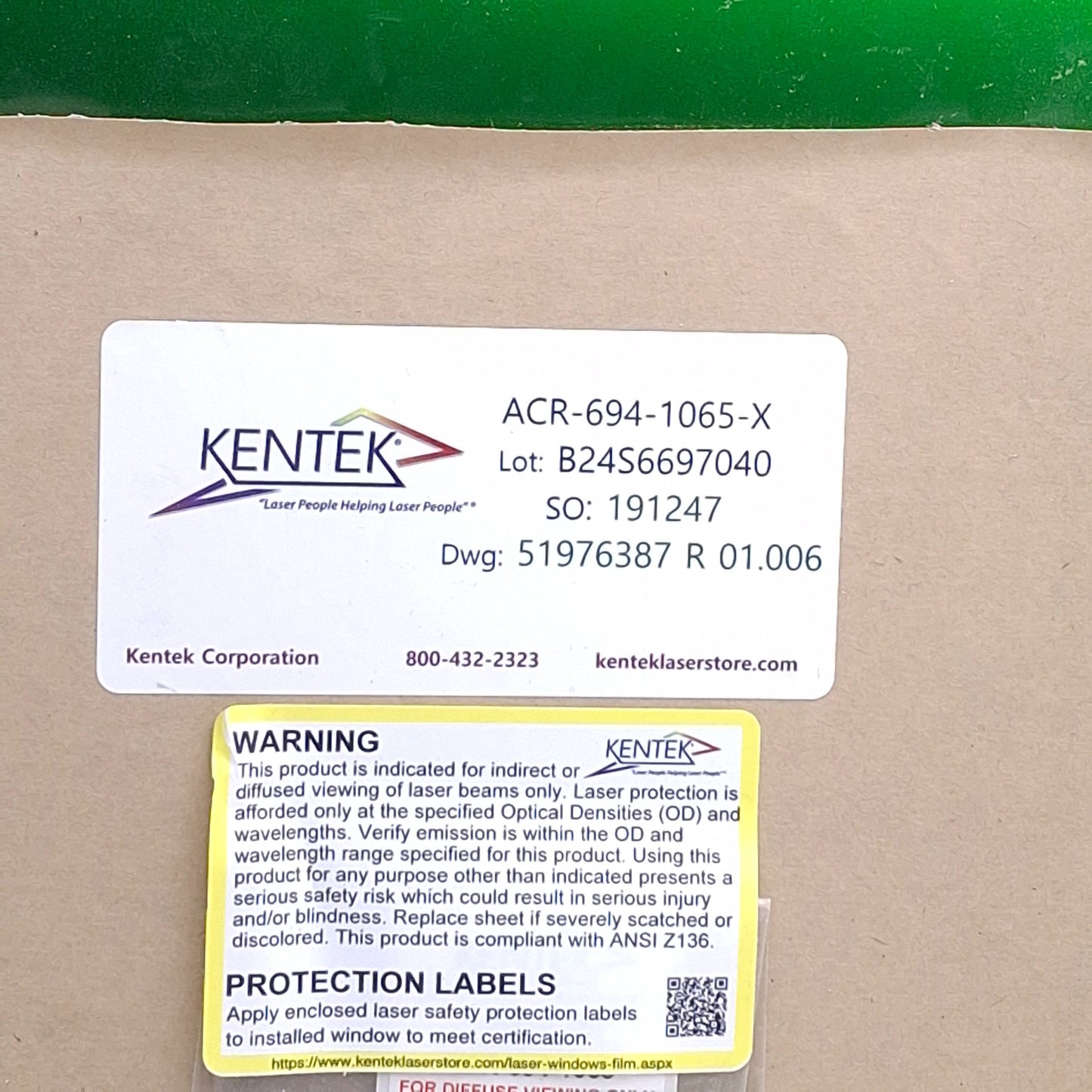 Used Kentek ACR-694-1065-X Laser Safety Window, 12.5in x 12.5in Rounded Square, VLT24