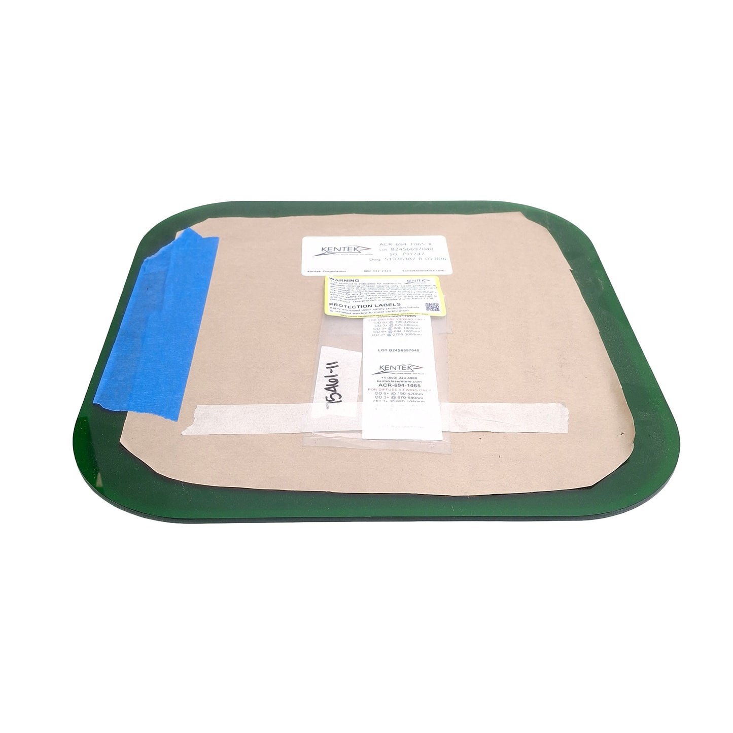 Used Kentek ACR-694-1065-X Laser Safety Window, 12.5in x 12.5in Rounded Square, VLT24