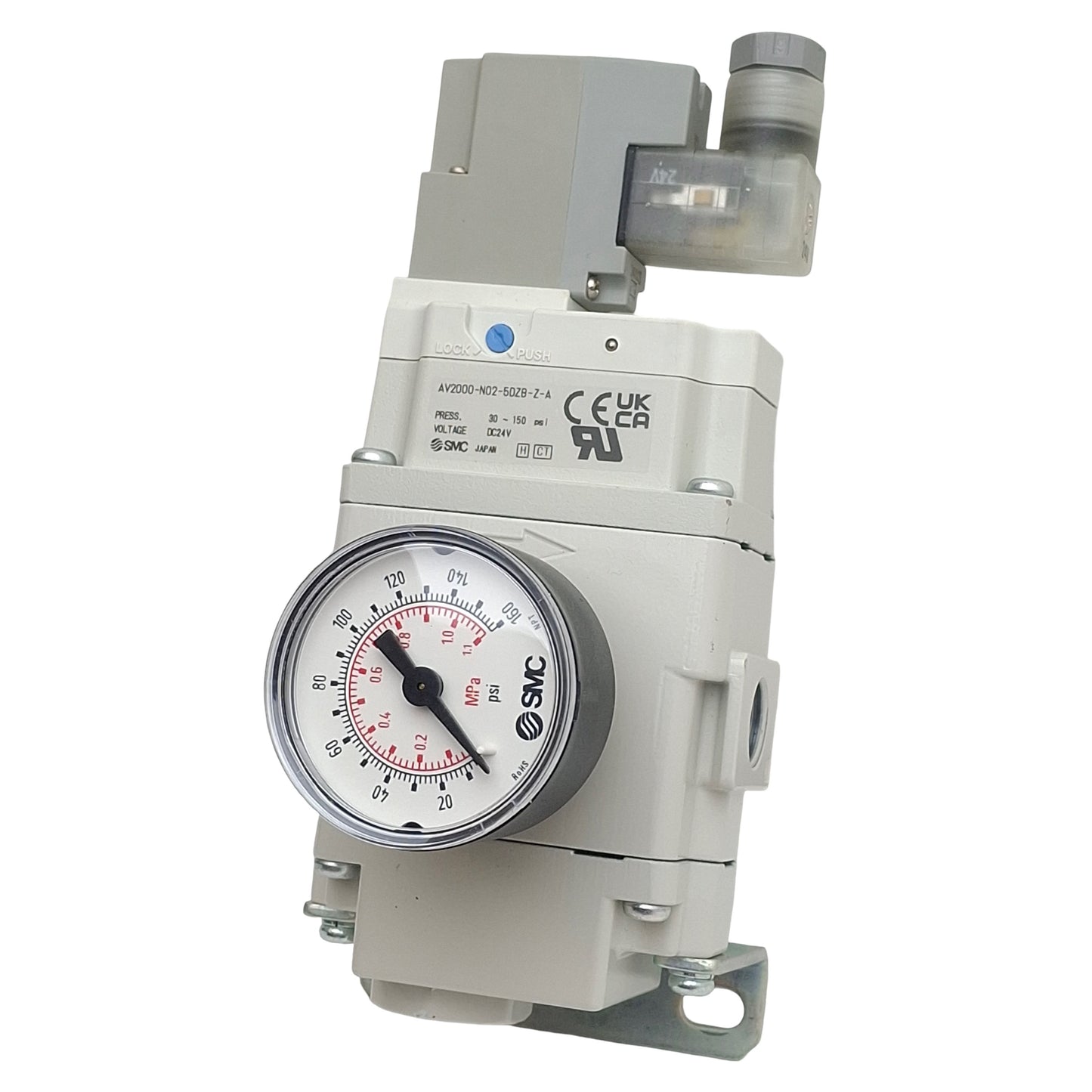 Used SMC AV2000-N02-5DZB-Z-A Soft Start Valve, 1/4in NPT, 30-150psi, 24VDC Coil