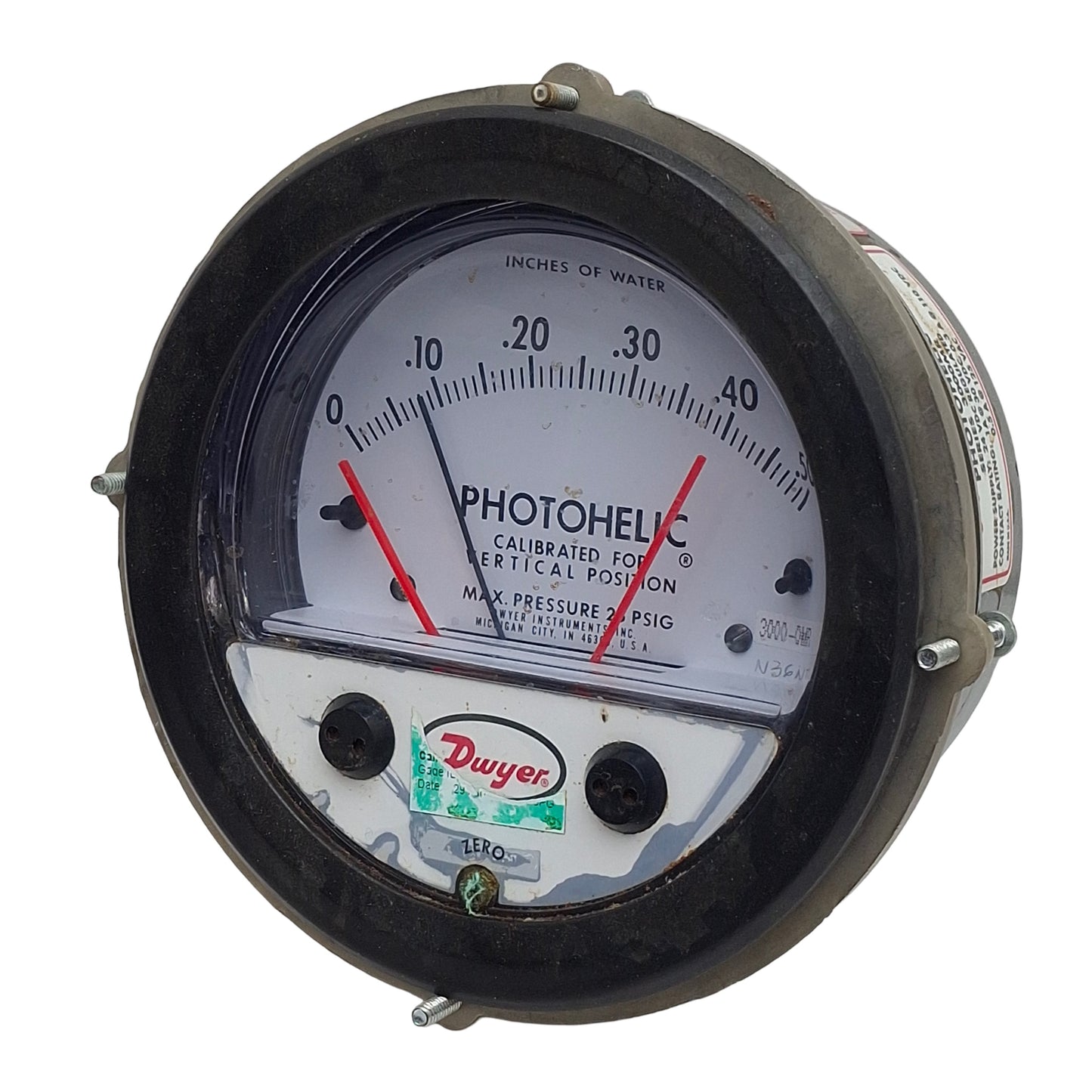 Used Dwyer 3000-0MR Photohelic Pressure Switch/Gage, 0-0.5inH₂O Range, 25psi Max