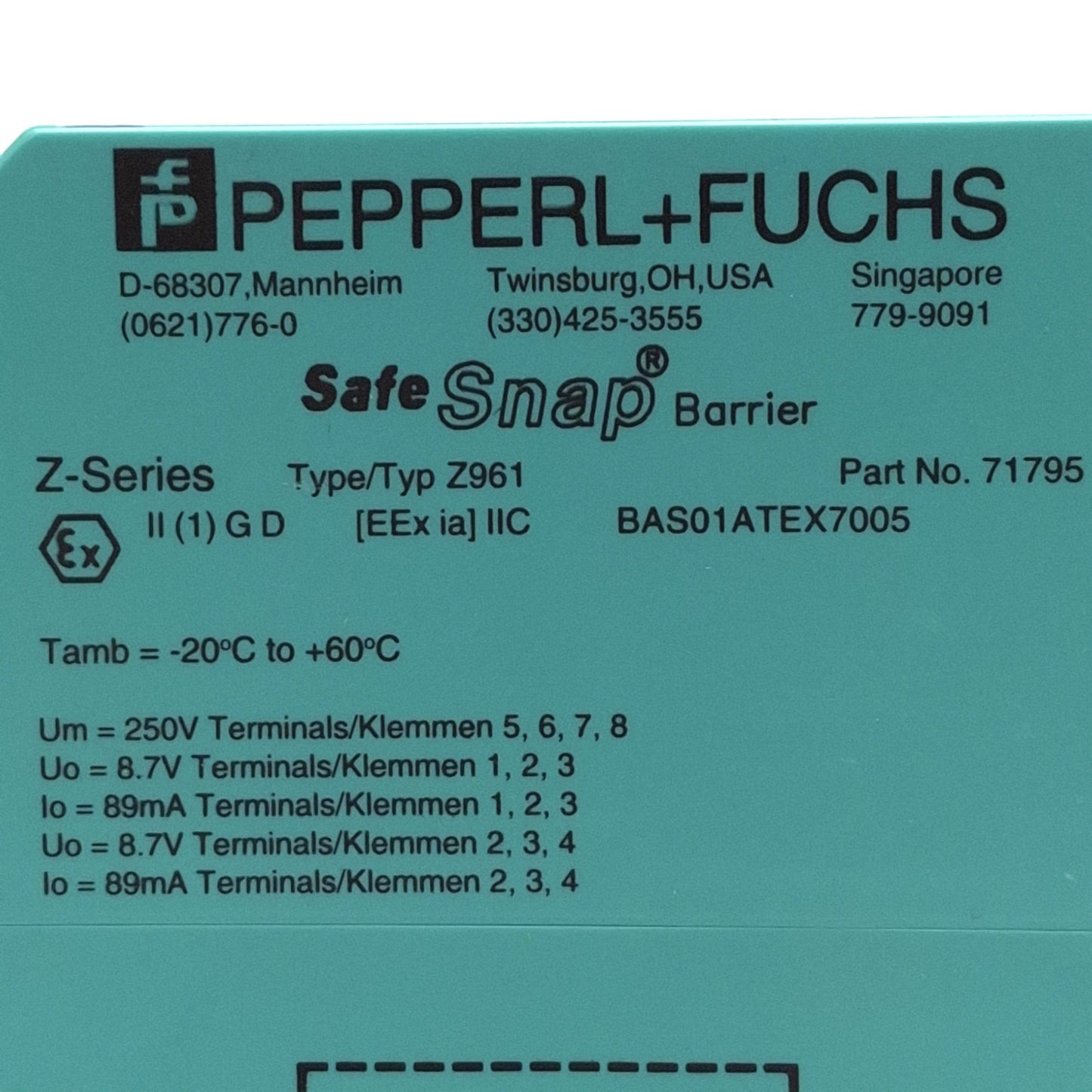 Used Pepperl + Fuchs 71795 Z961 Safe Snap Zener Barrier 2-Ch, 6.5V @ 10µA, AC Version