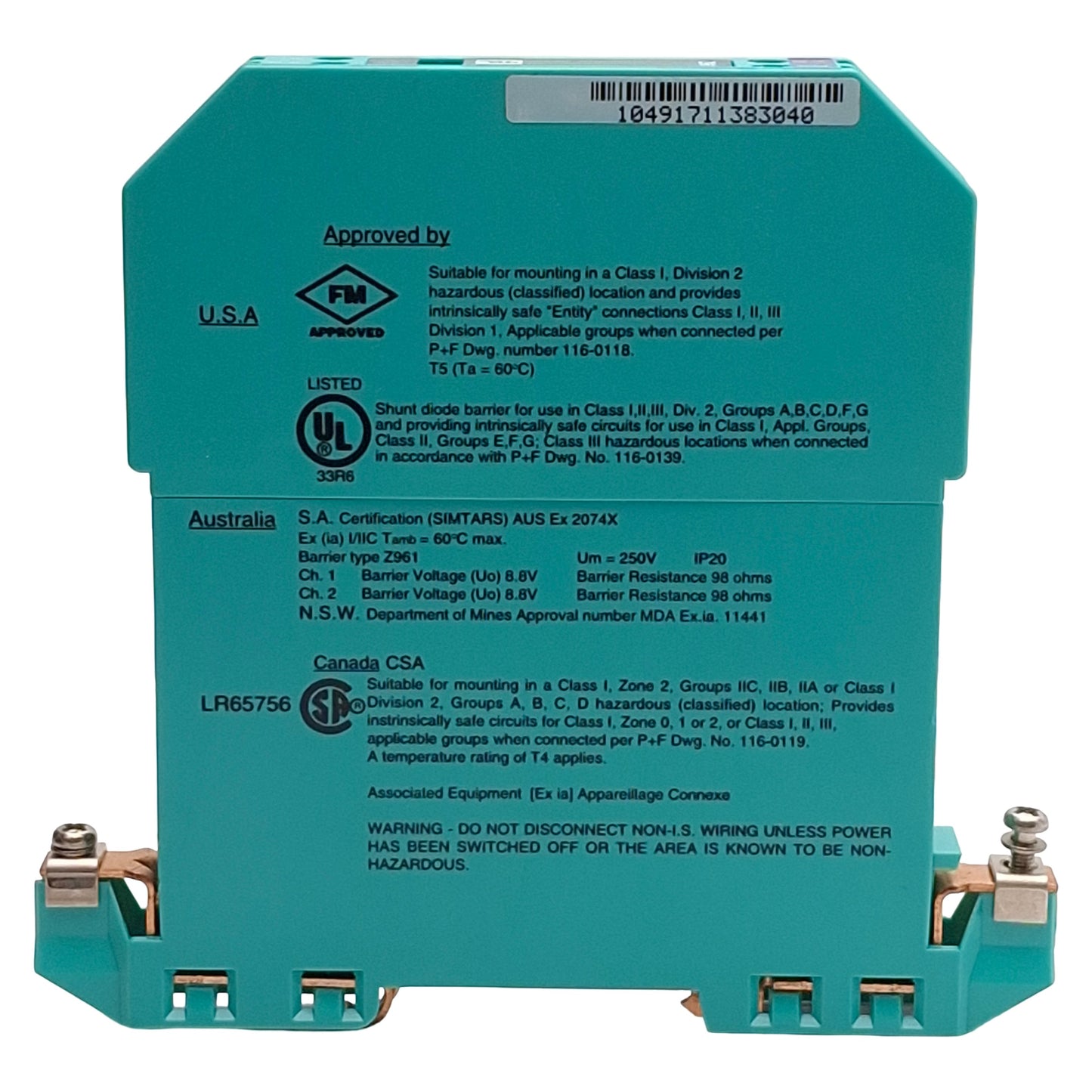 Used Pepperl + Fuchs 71795 Z961 Safe Snap Zener Barrier 2-Ch, 6.5V @ 10µA, AC Version