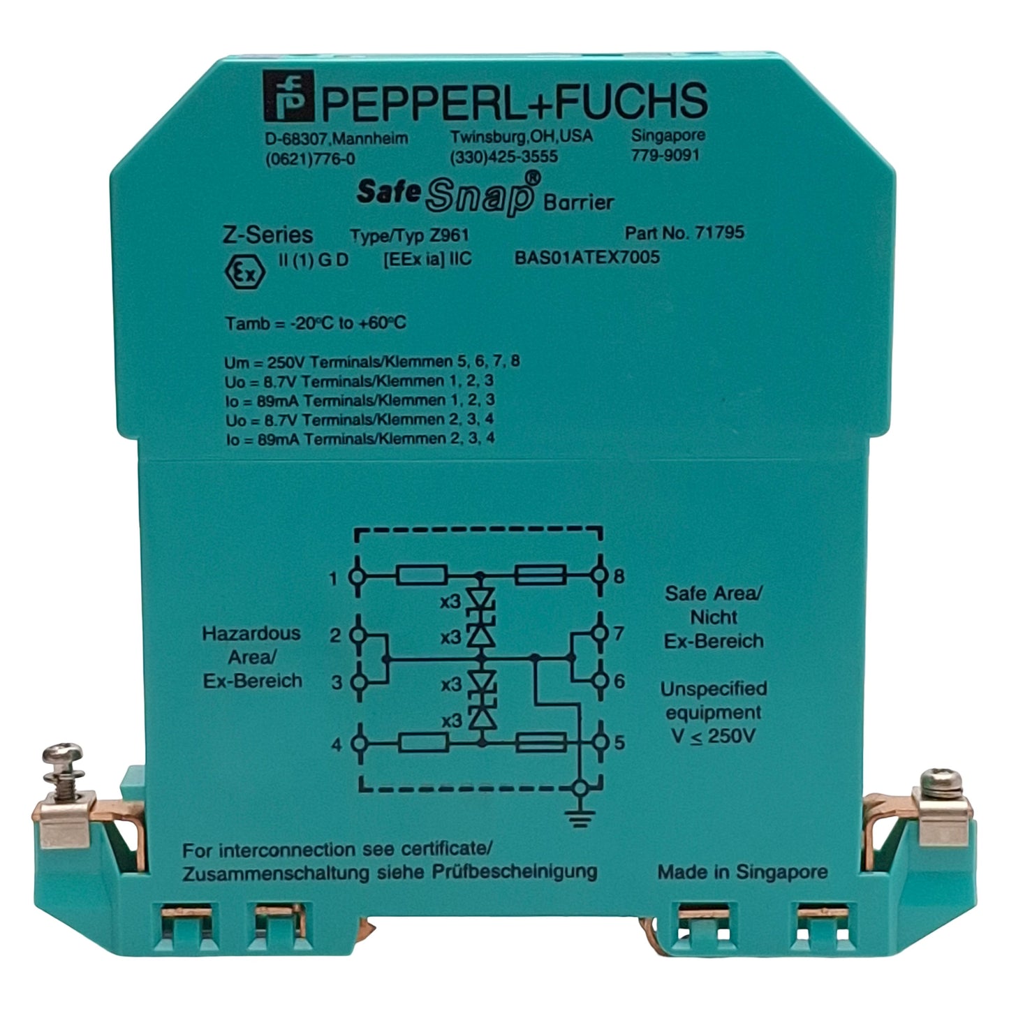 Used Pepperl + Fuchs 71795 Z961 Safe Snap Zener Barrier 2-Ch, 6.5V @ 10µA, AC Version