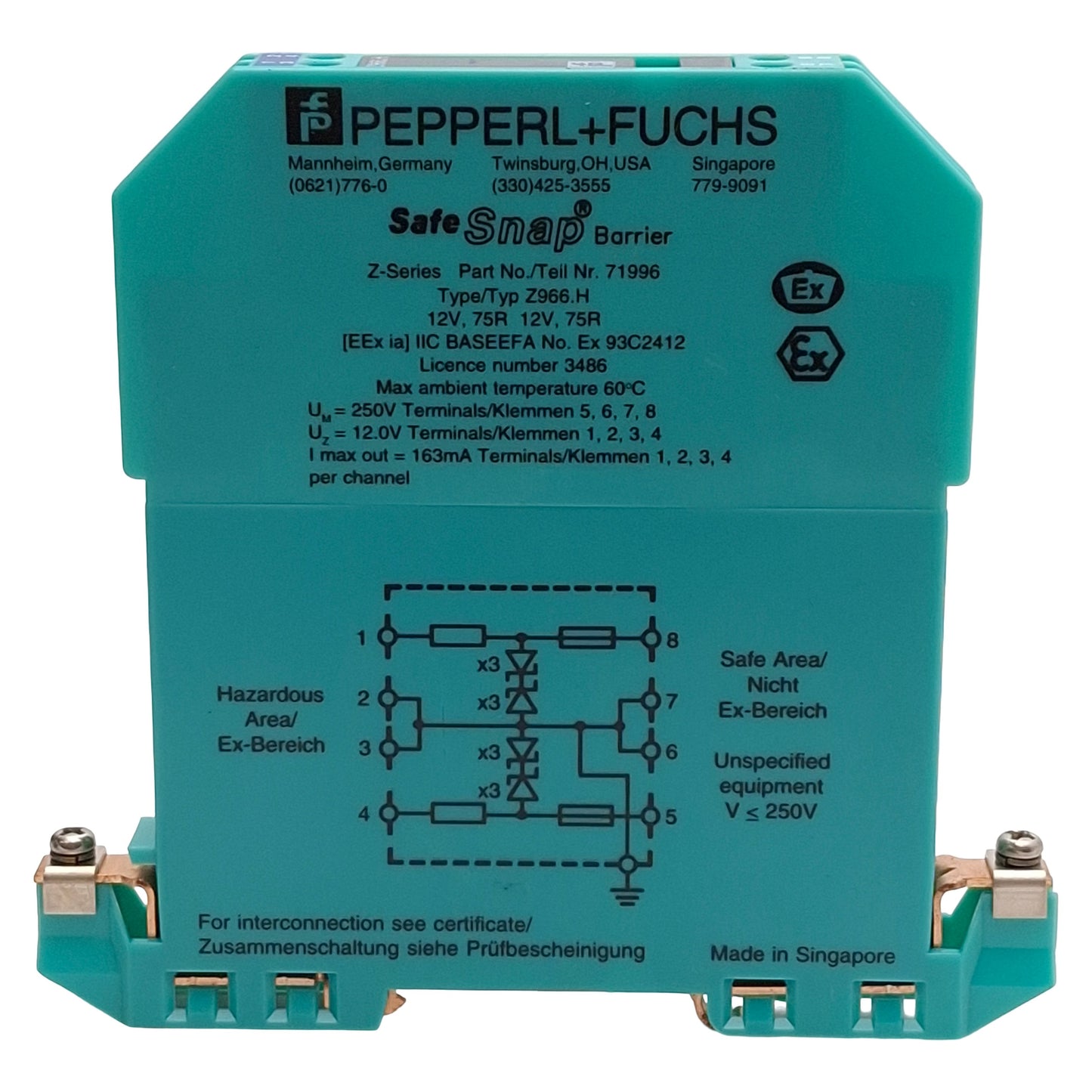 Used Pepperl + Fuchs 71996 Z966.H Safe Snap Zener Barrier, 2-Ch 10V @ 10µA AC Version