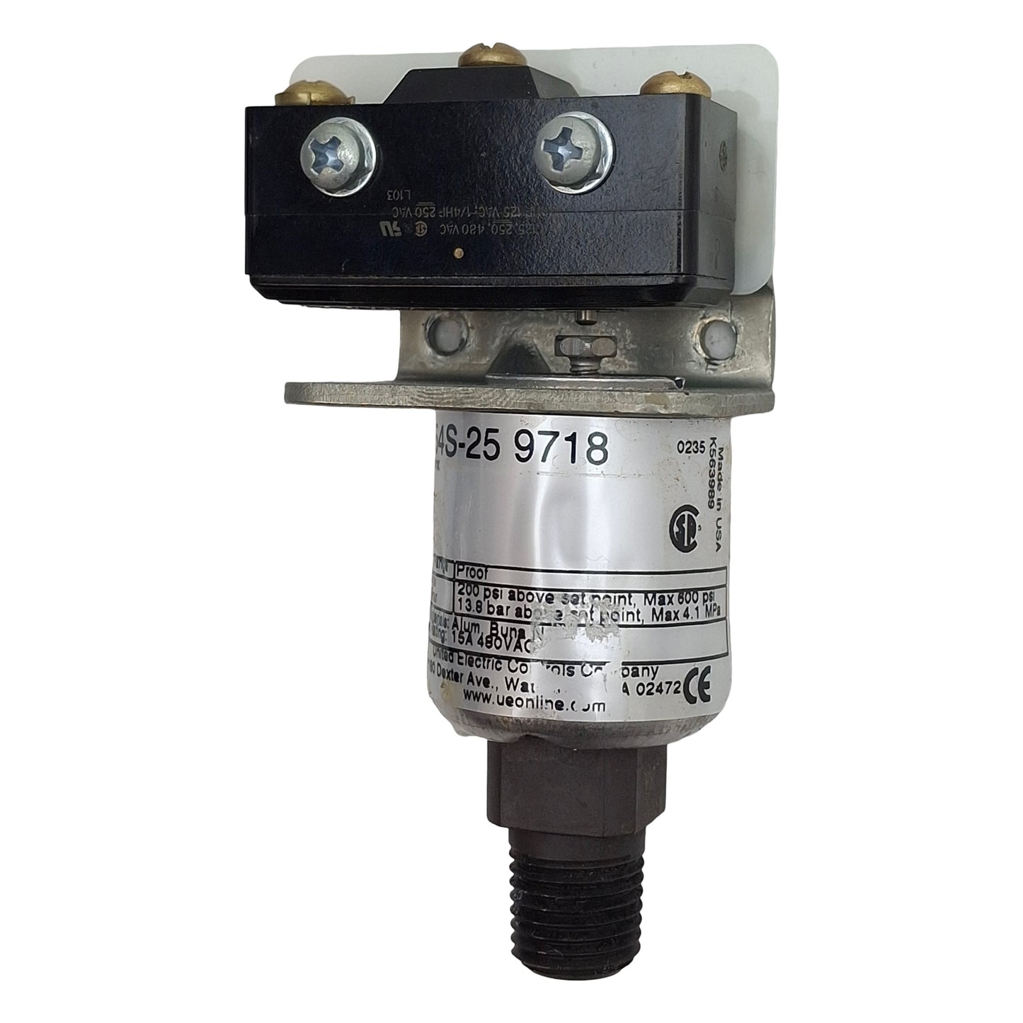 Used United Electric J54S-25 9718 Pressure Switch, 1/4in NPT, 10-100psi, 15A 480VAC